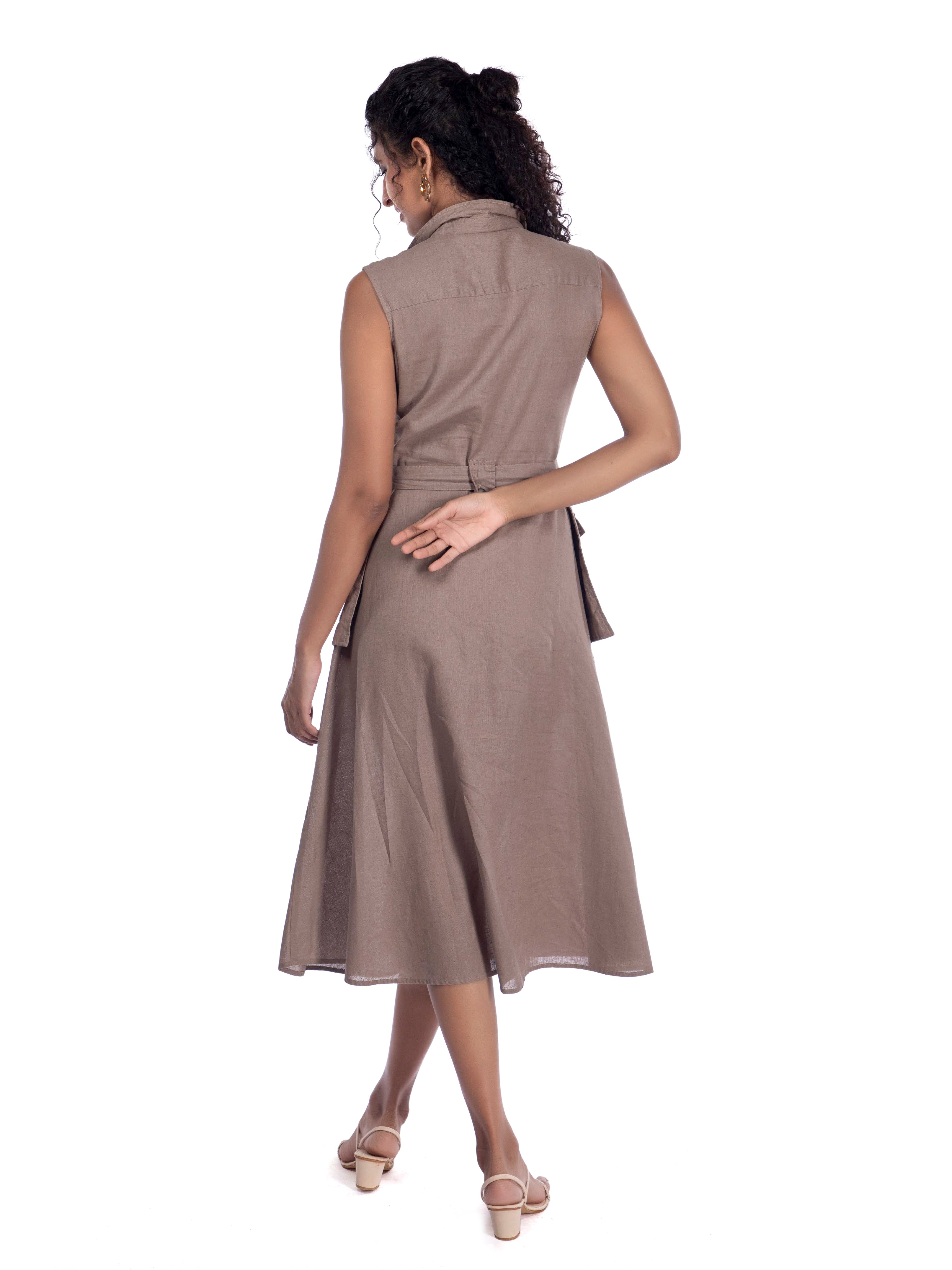 Beige Sleeveless Shirt Dress with Utility Pockets