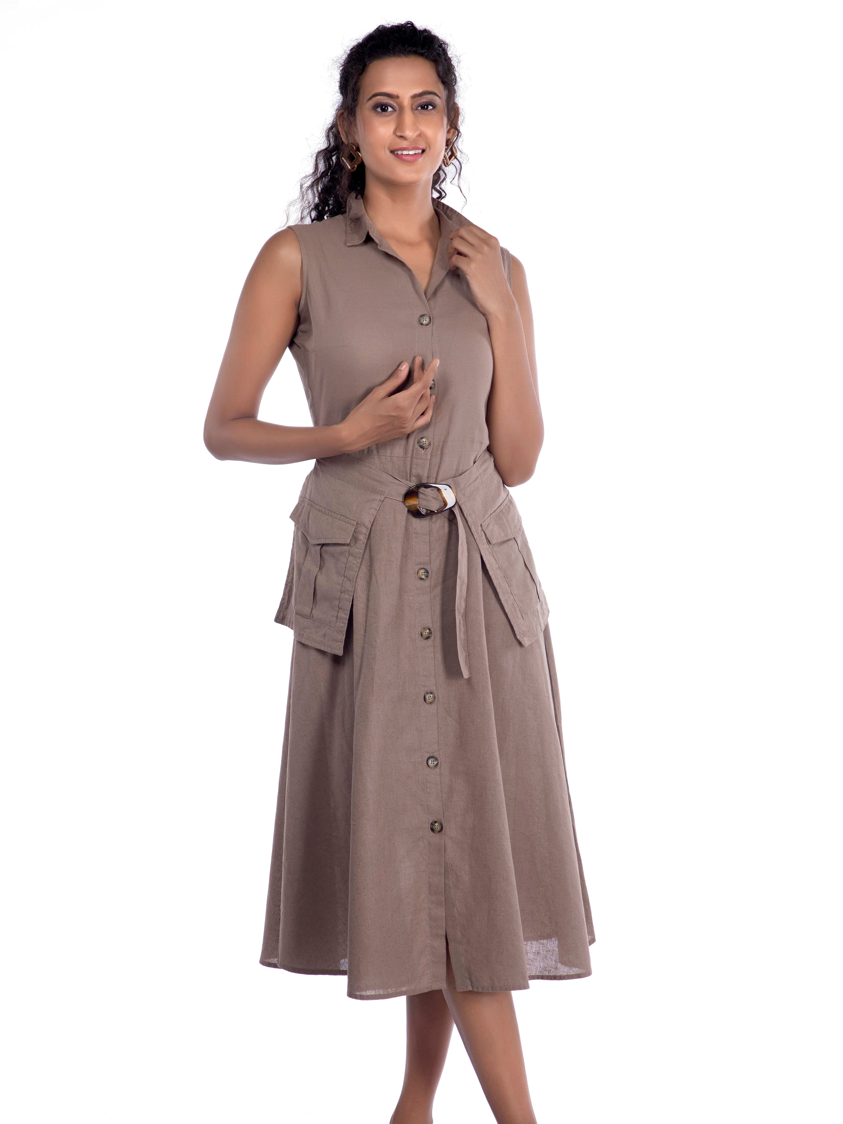 Beige Sleeveless Shirt Dress with Utility Pockets