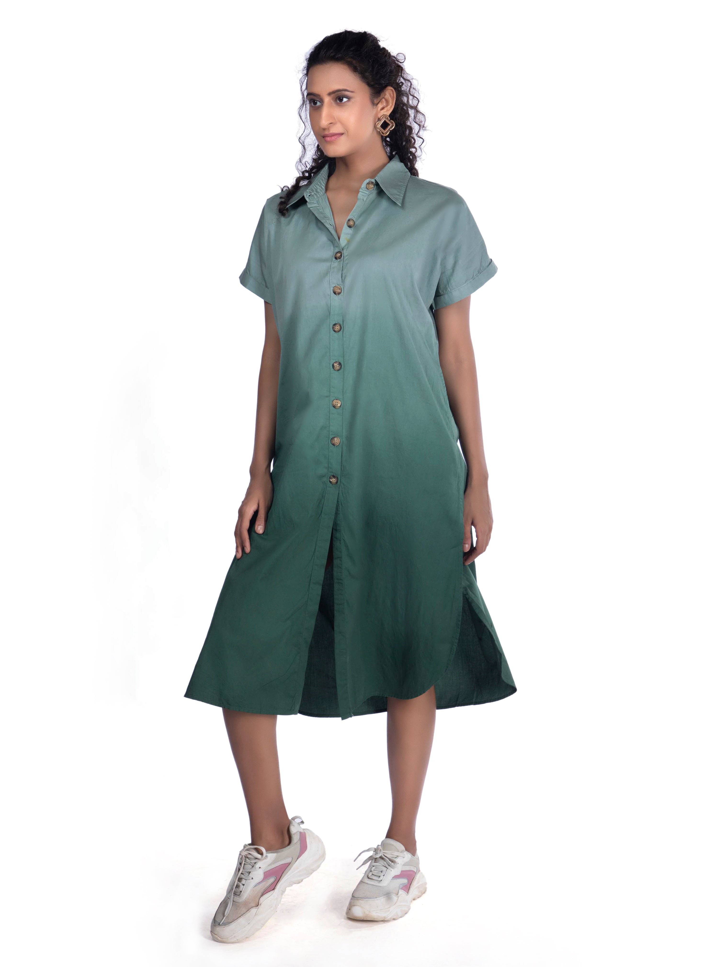 White & Green Dip-Dye Shirt Embroidered Giraffe Detail Dress FRENCH THEORY
