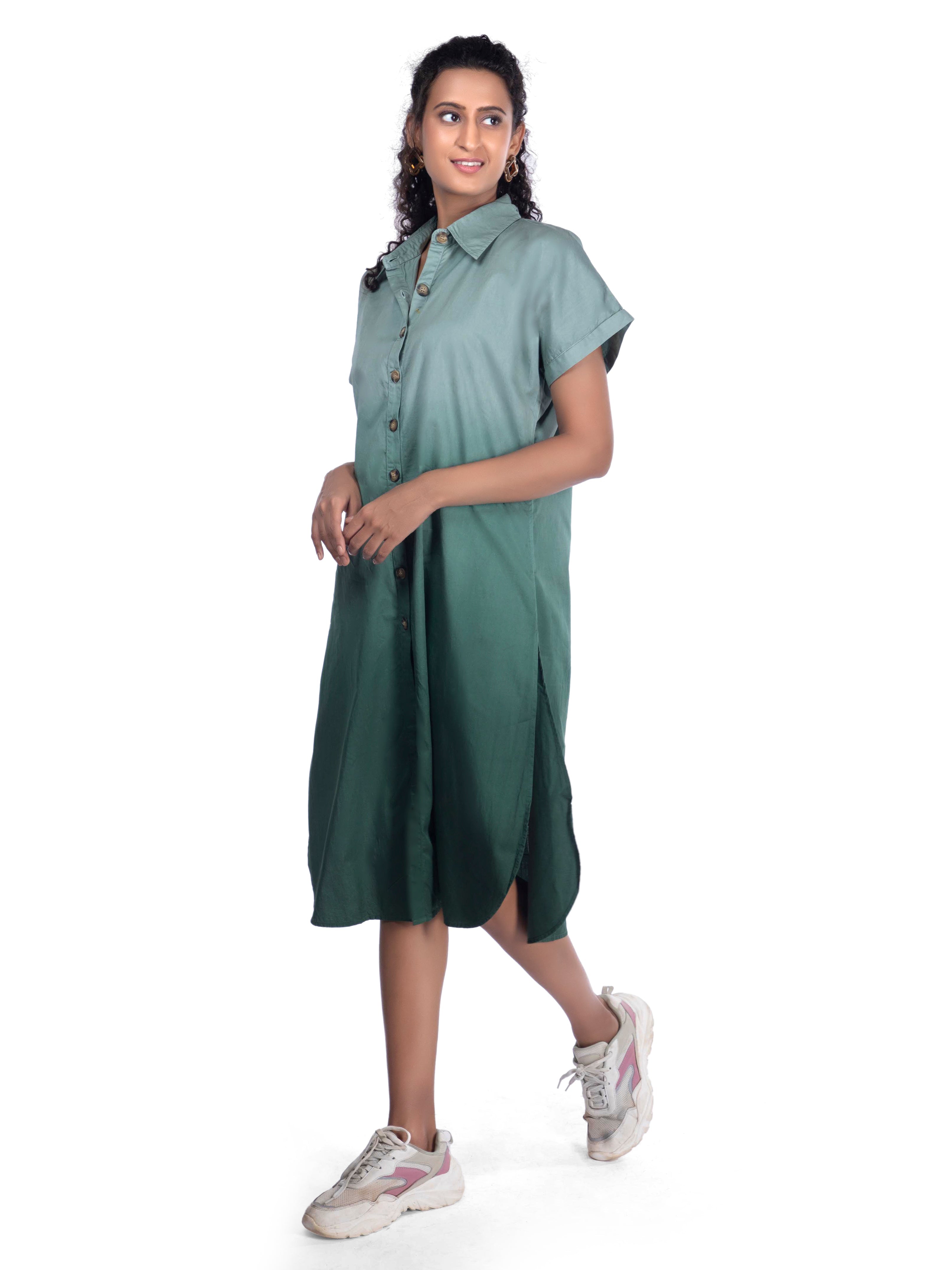 White & Green Dip-Dye Shirt Embroidered Giraffe Detail Dress FRENCH THEORY