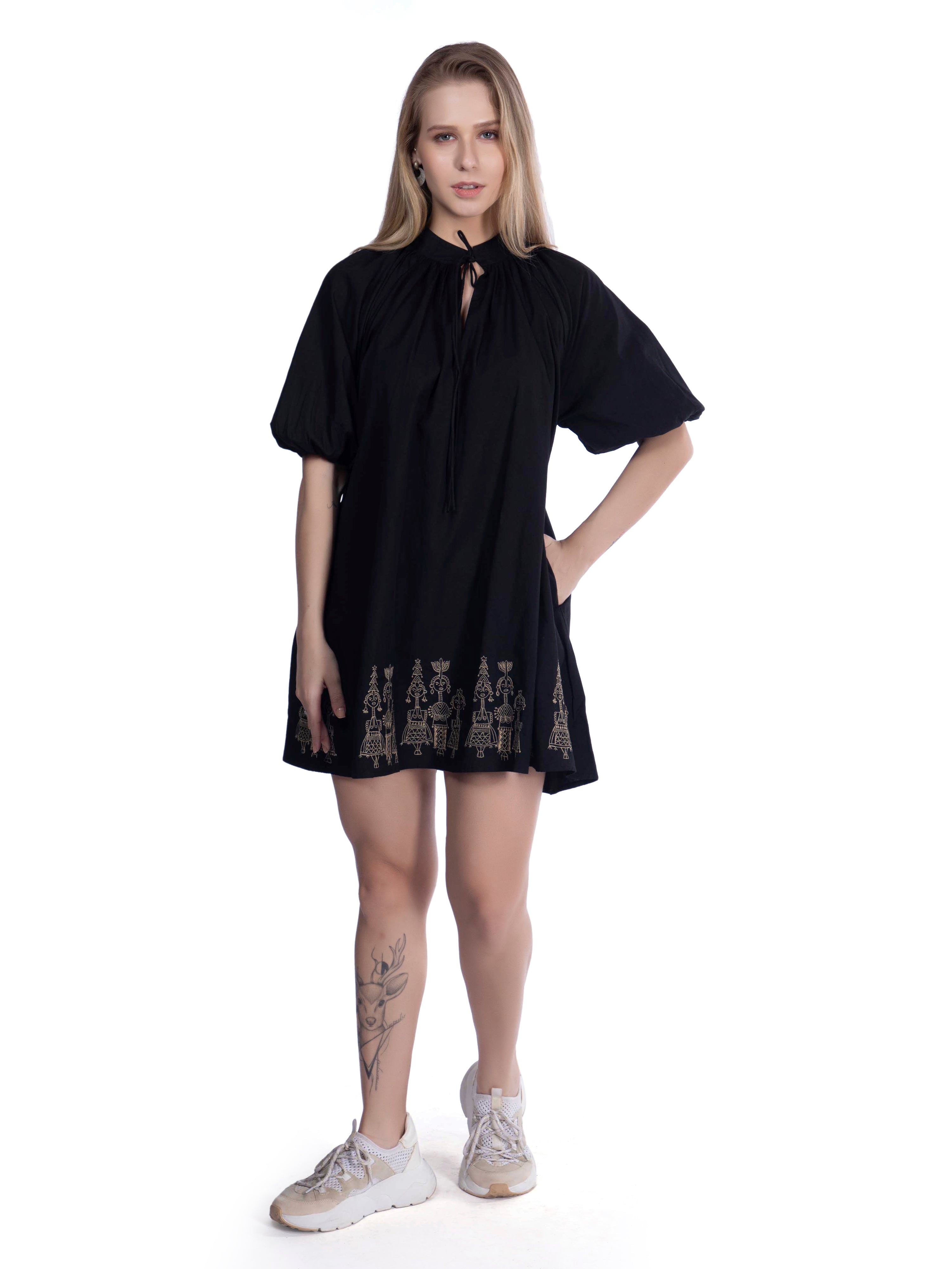 Black A-Line Dress with Embroidery FRENCH THEORY