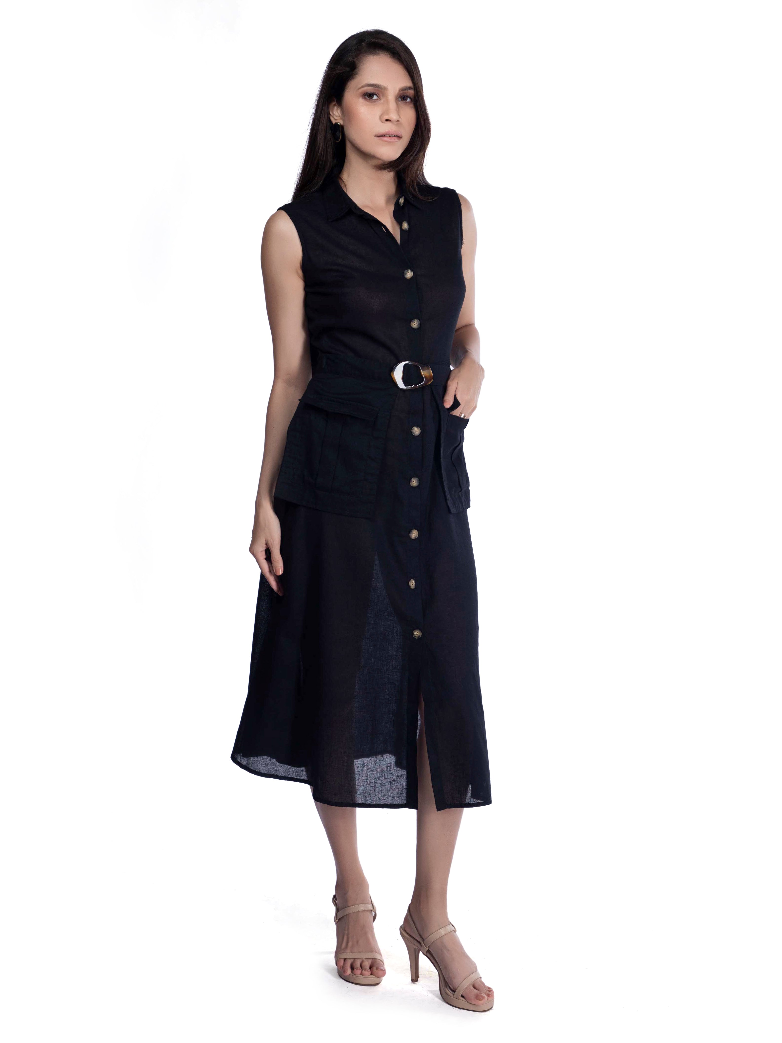 Black Sleeveless Shirt Dress with Utility Pockets