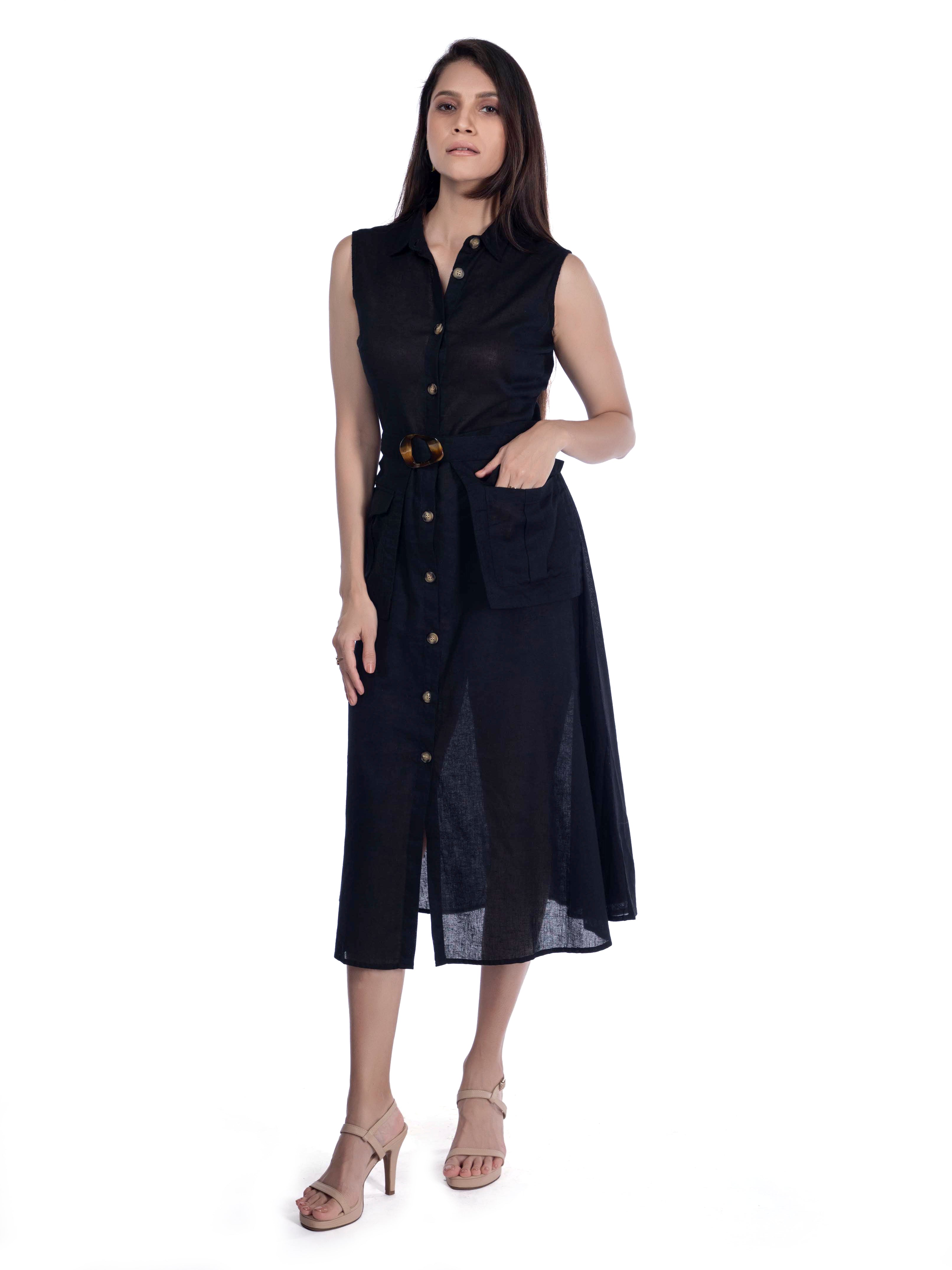 Black Sleeveless Shirt Dress with Utility Pockets