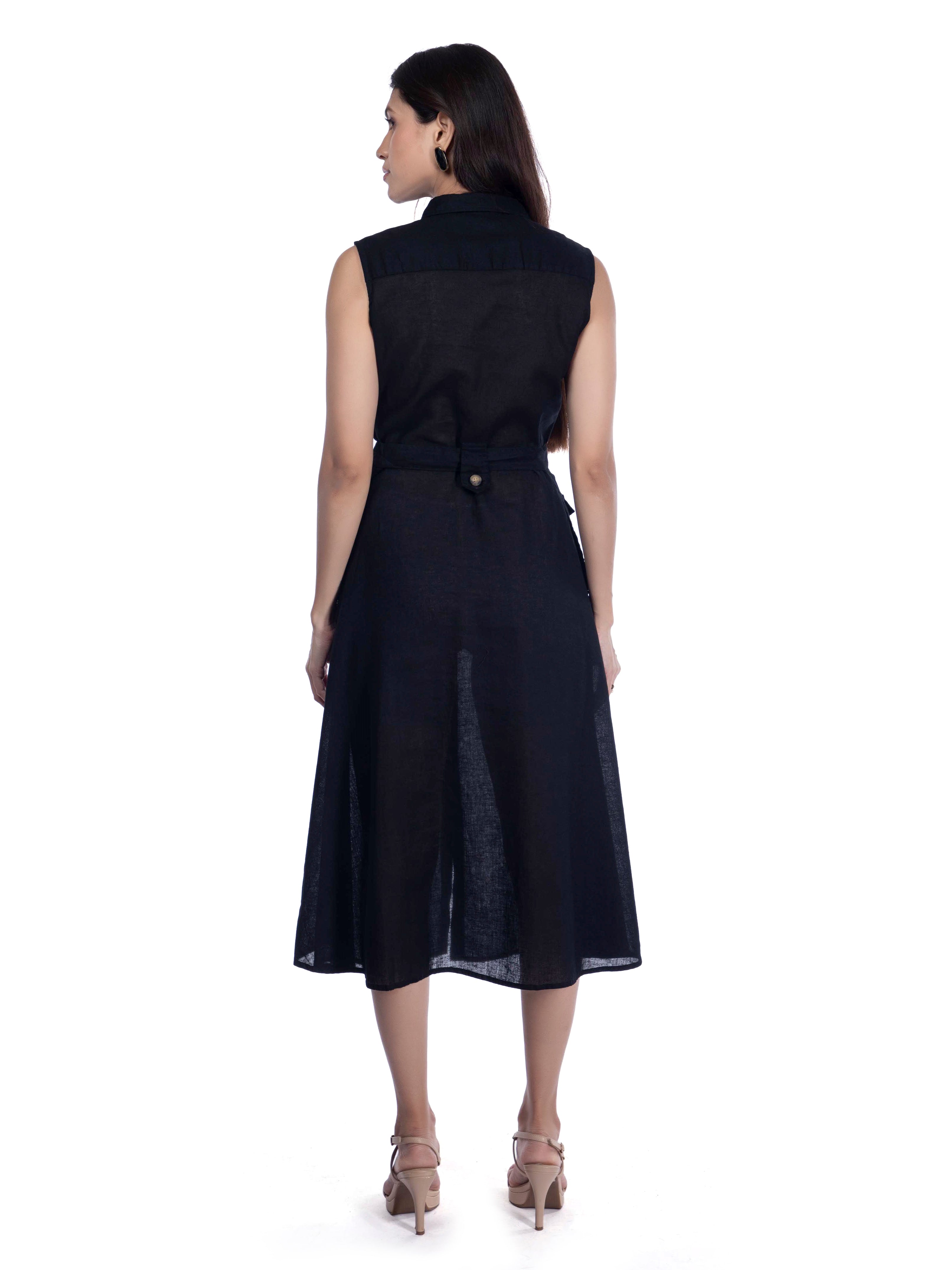 Black Sleeveless Shirt Dress with Utility Pockets