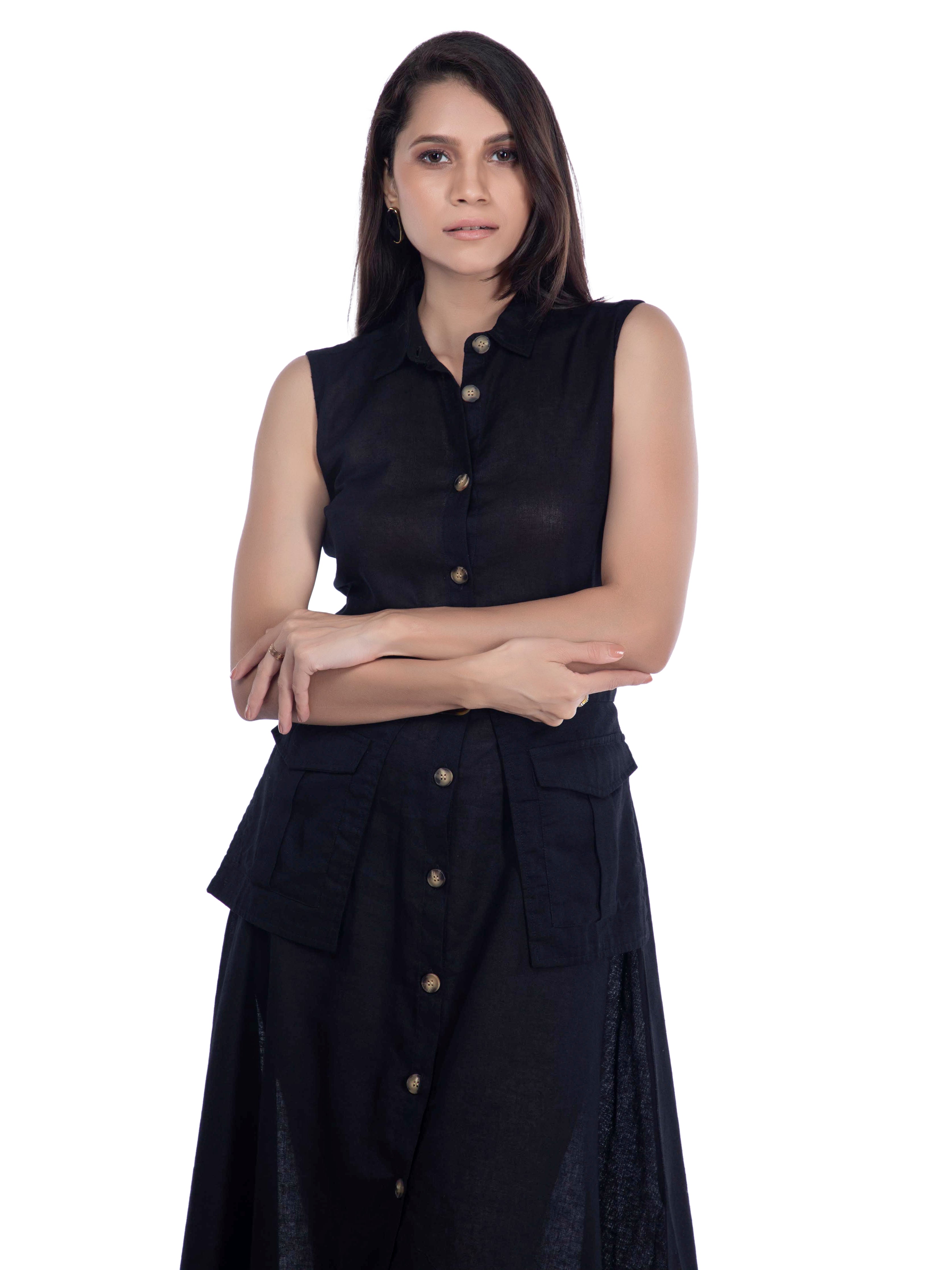 Black Sleeveless Shirt Dress with Utility Pockets