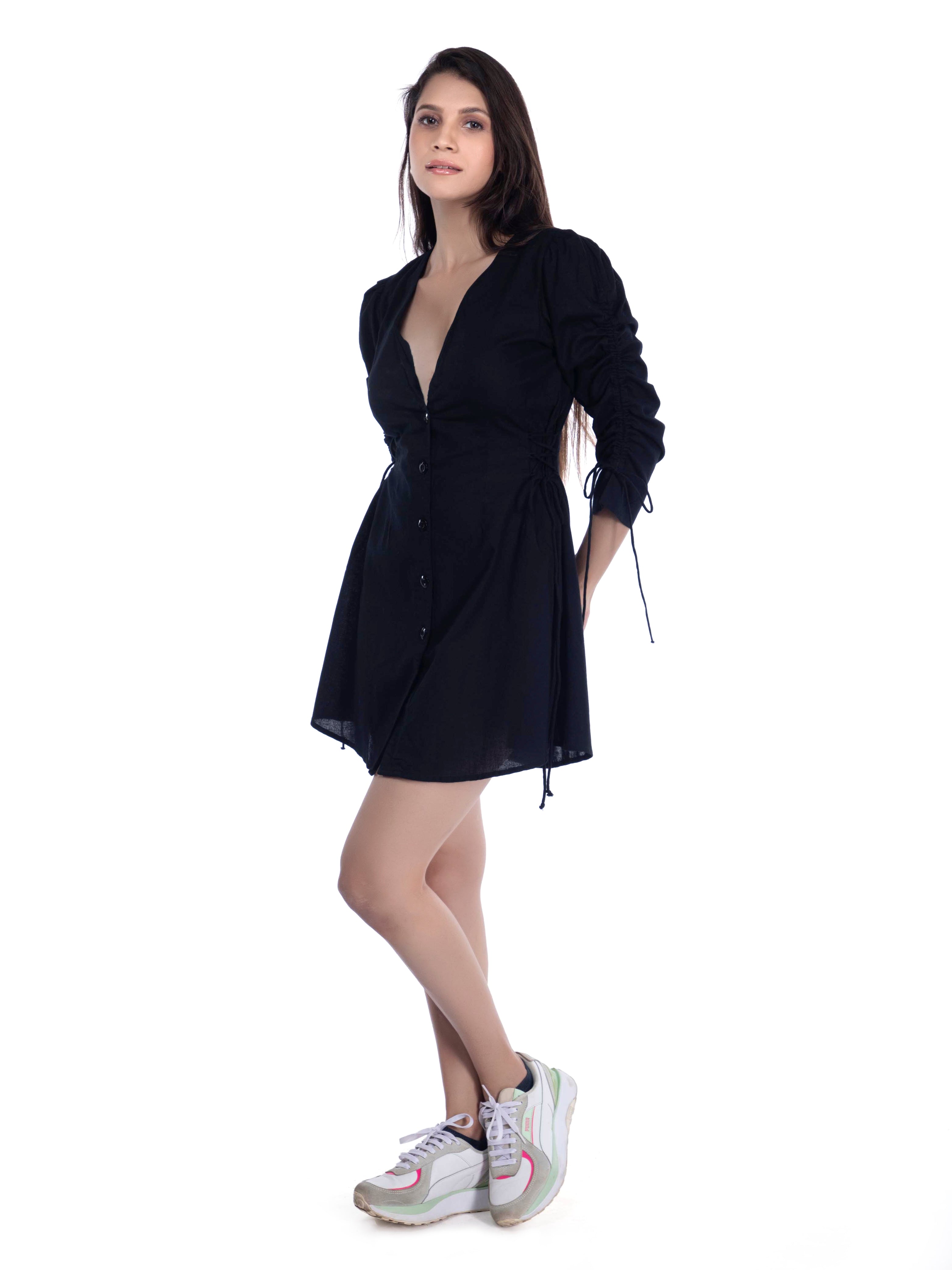 Deep V-Neck Black Mini Dress - FRENCH THEORY
