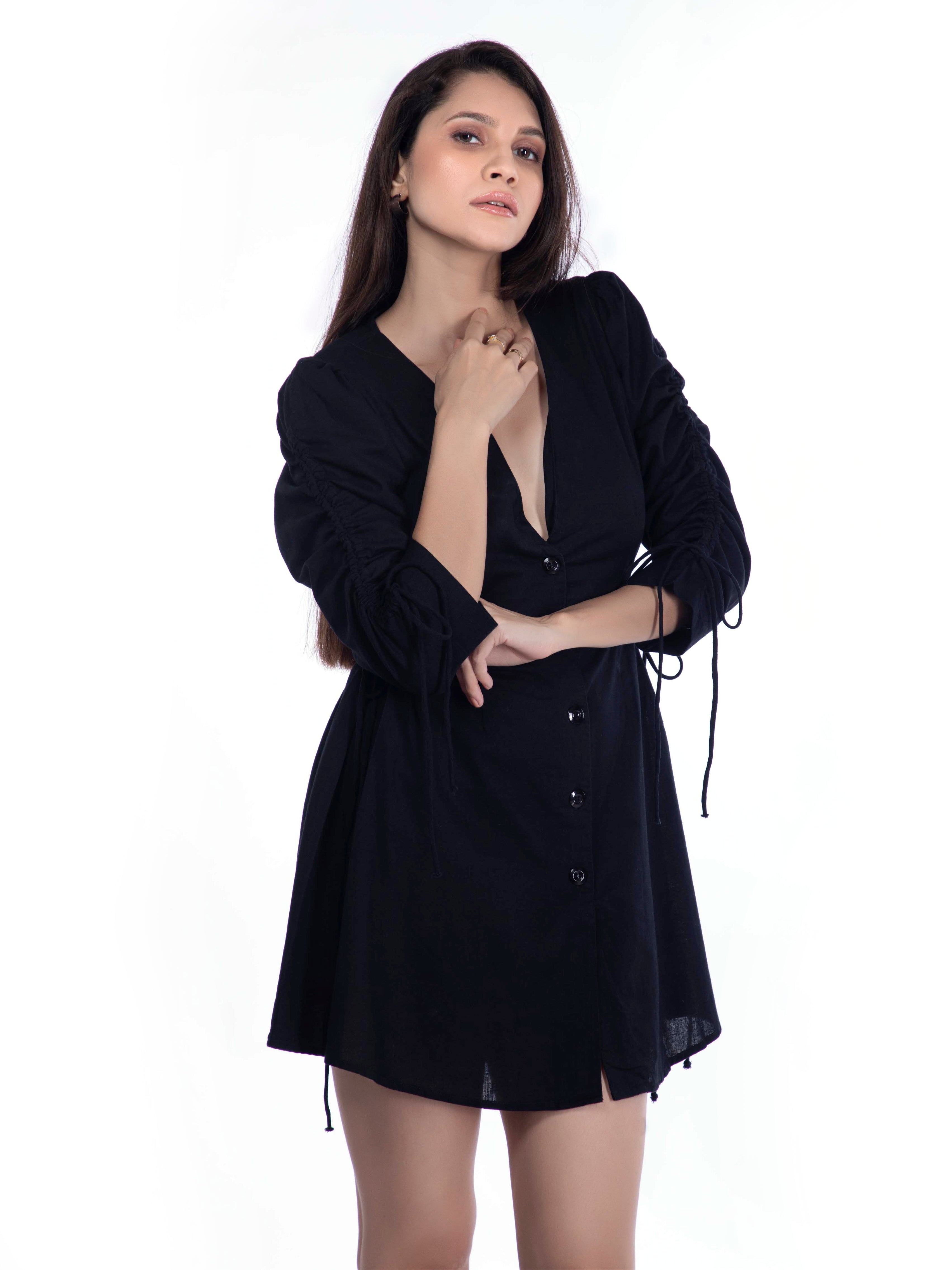 Deep V-Neck Black Mini Dress - FRENCH THEORY