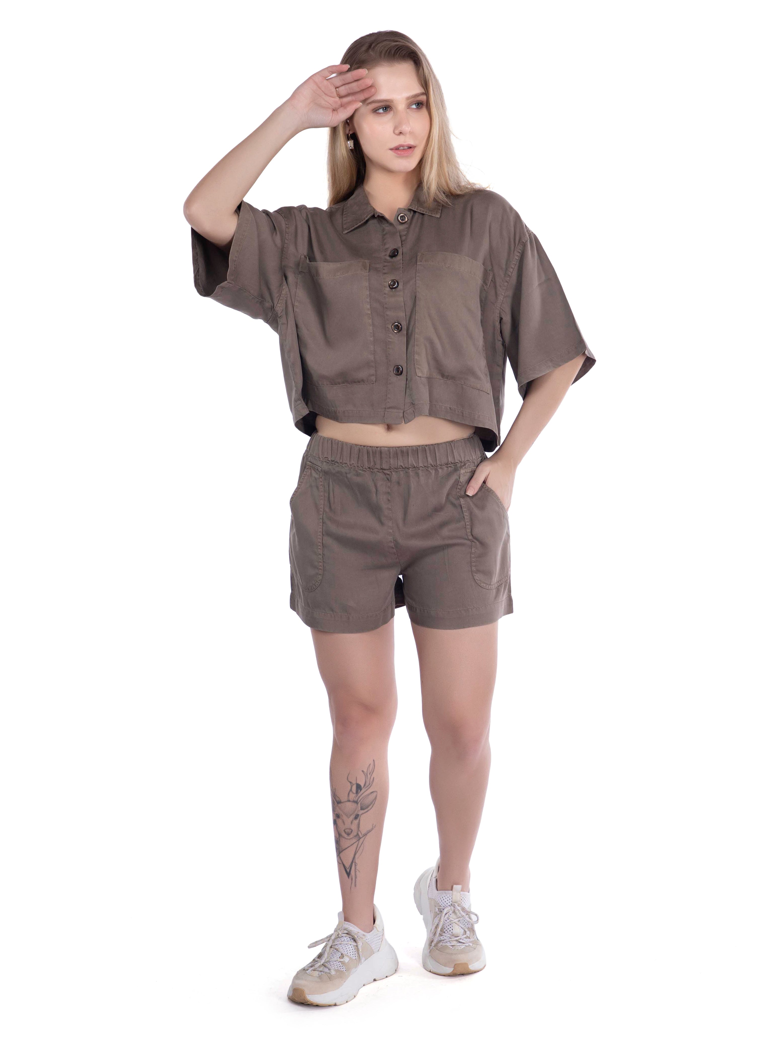 Relaxed Fit Brown Cropped Shirt