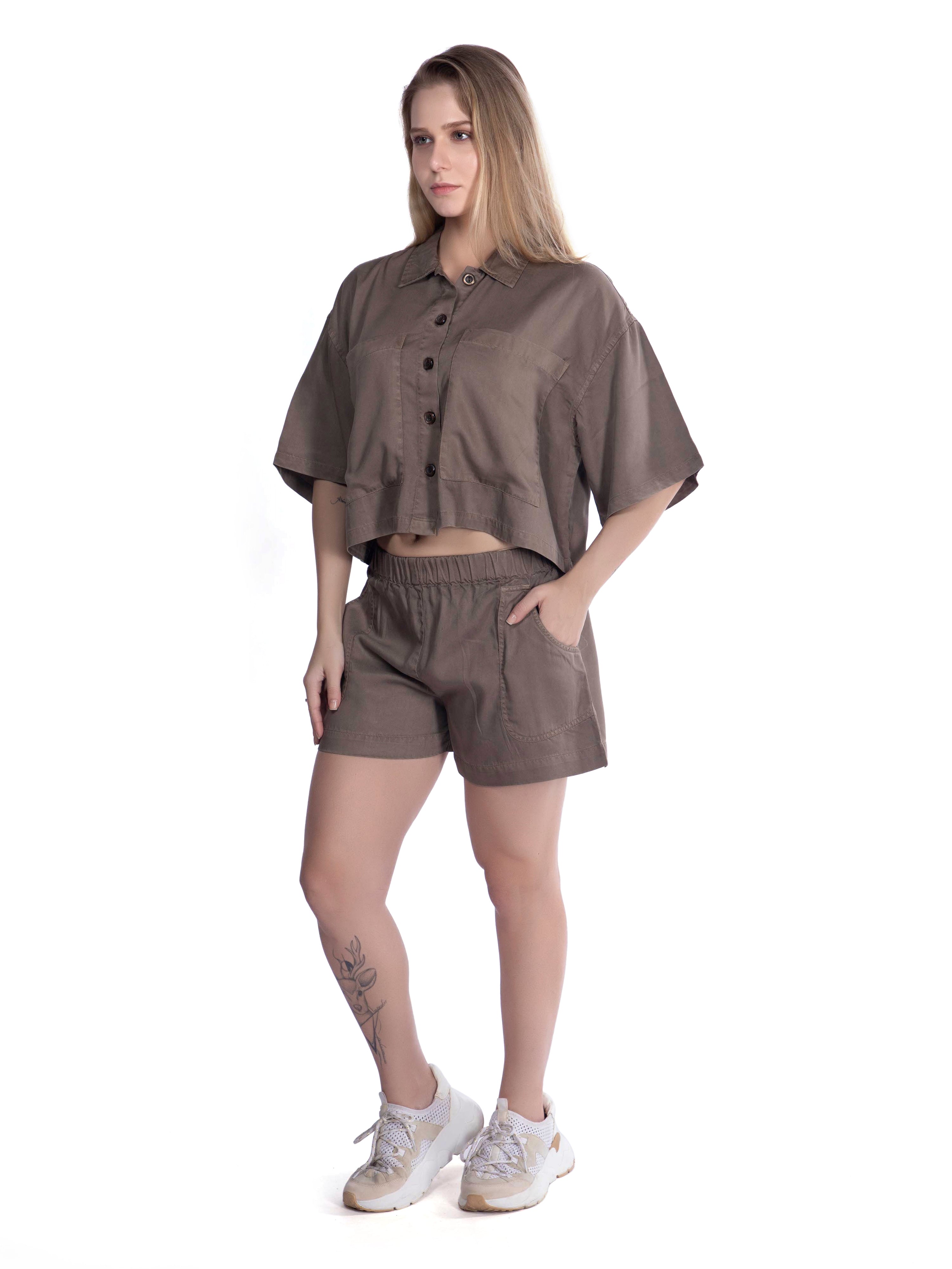 Relaxed Fit Brown Cropped Shirt