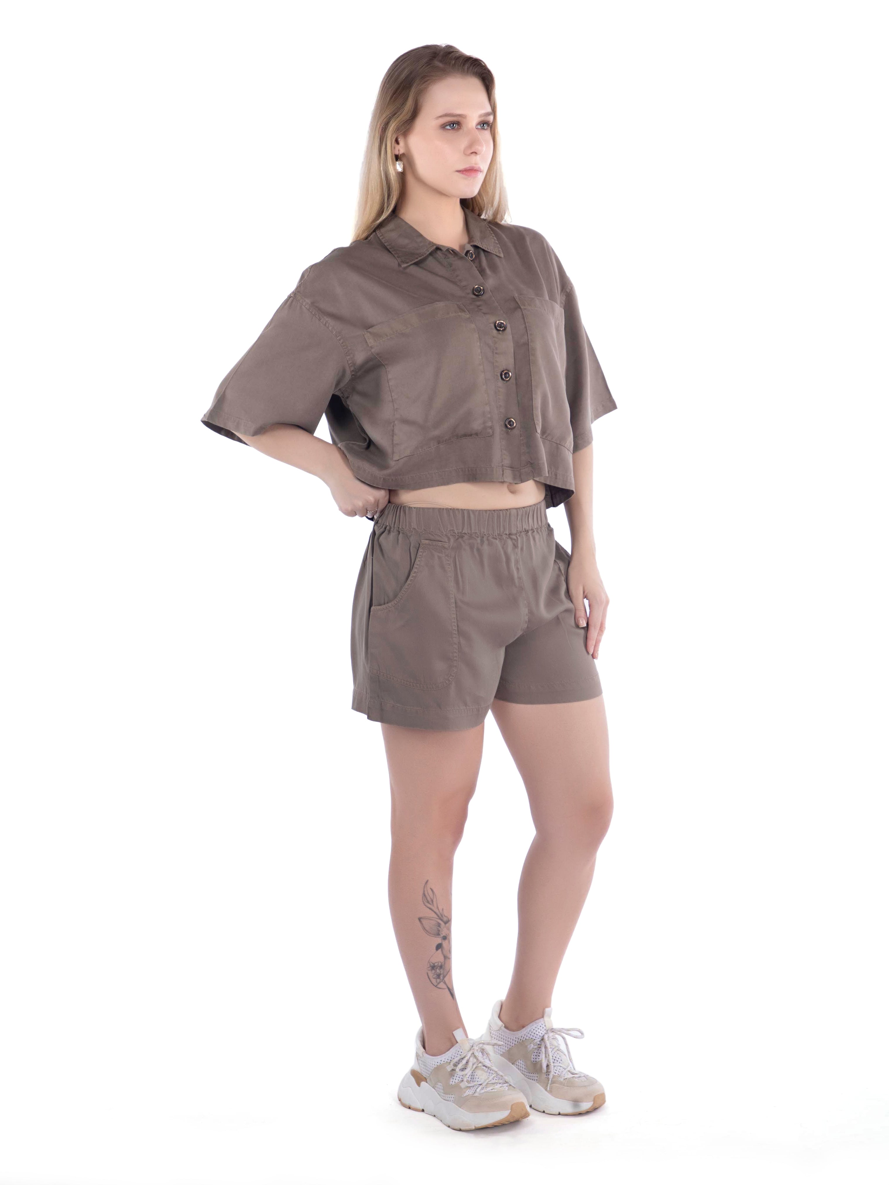 Relaxed Fit Brown Cropped Shirt