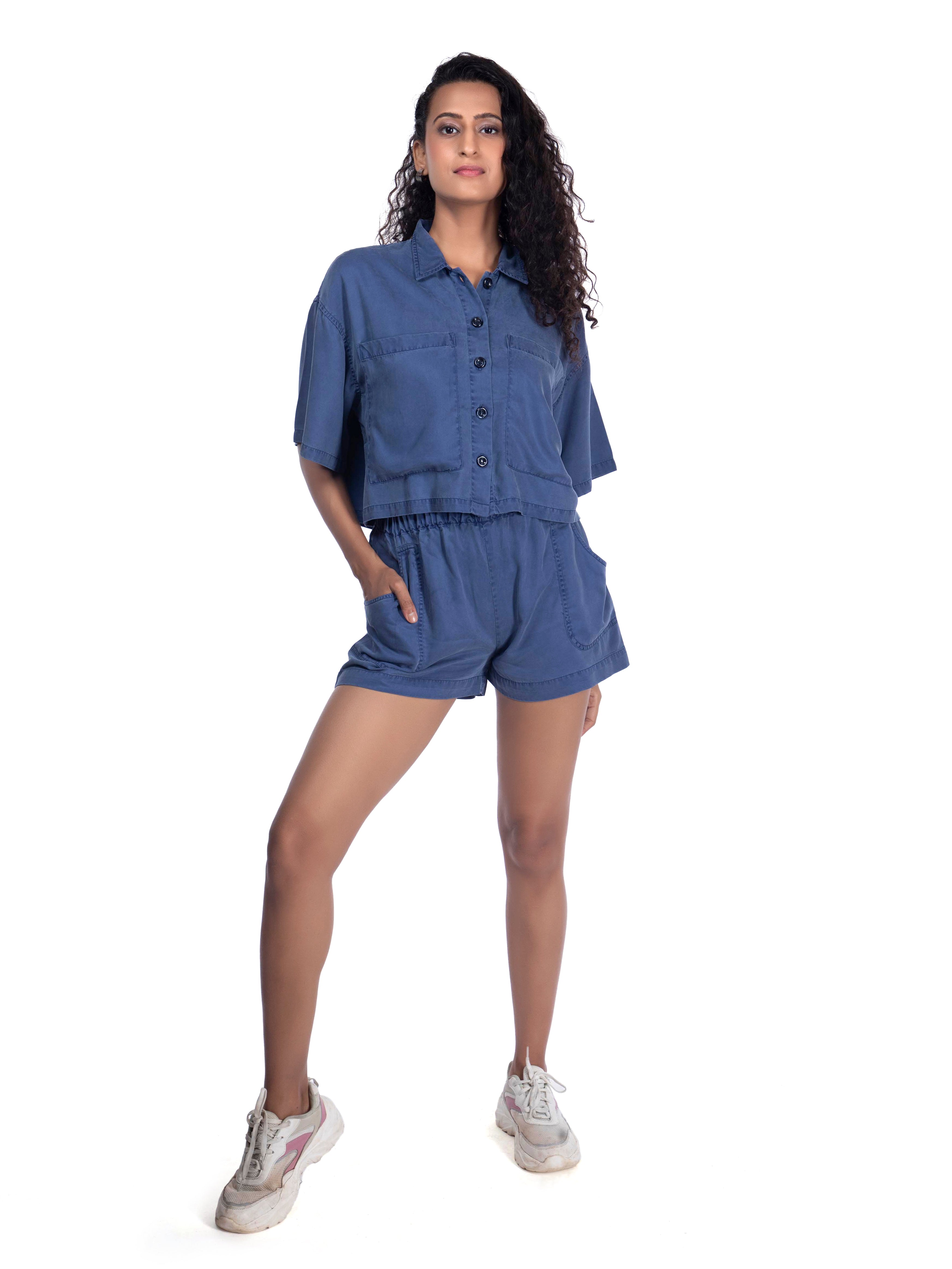 Relaxed Fit Blue Cropped Shirt