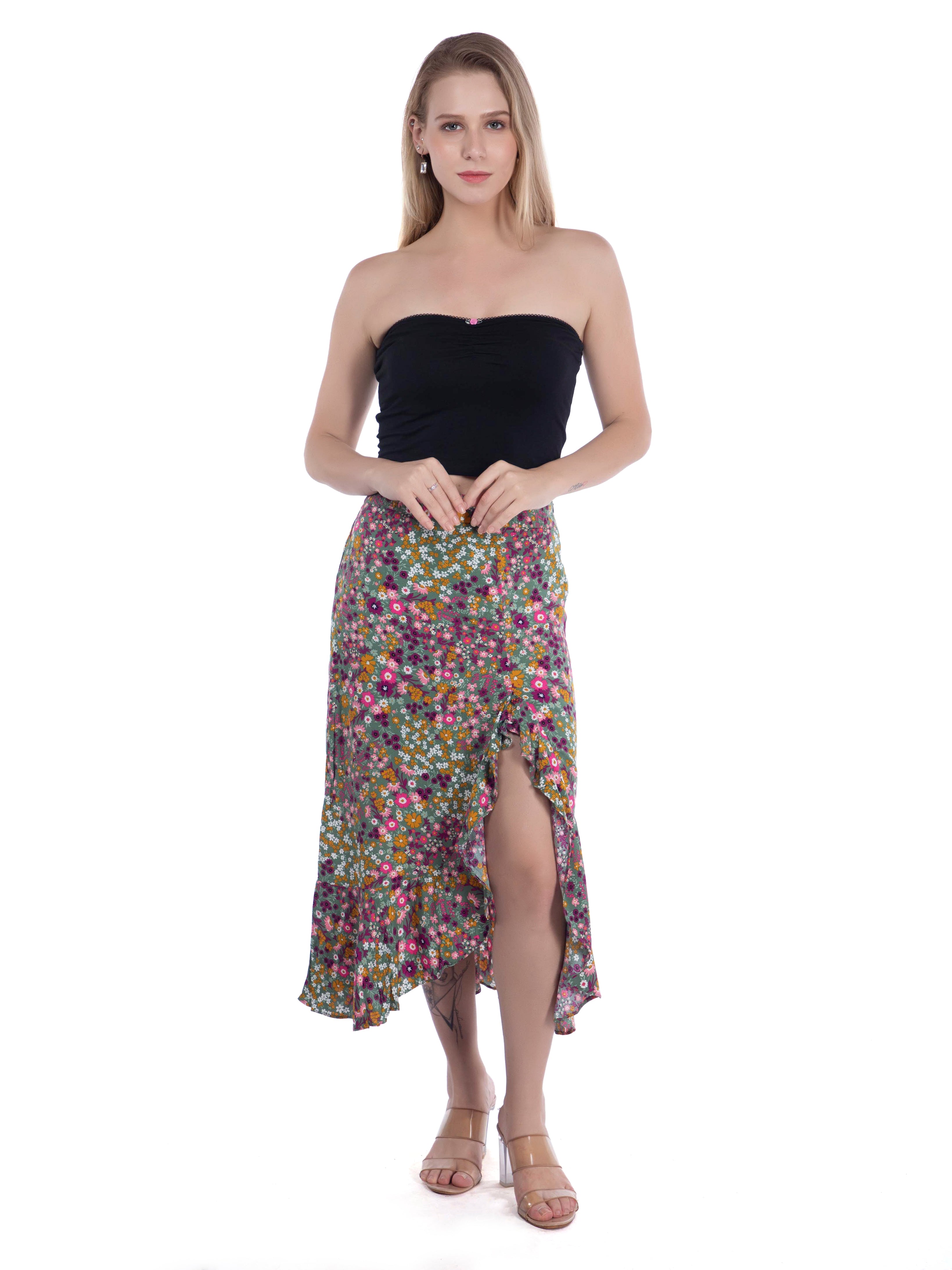 Green Floral Ruffled Summer Skirt - FRENCH THEORY