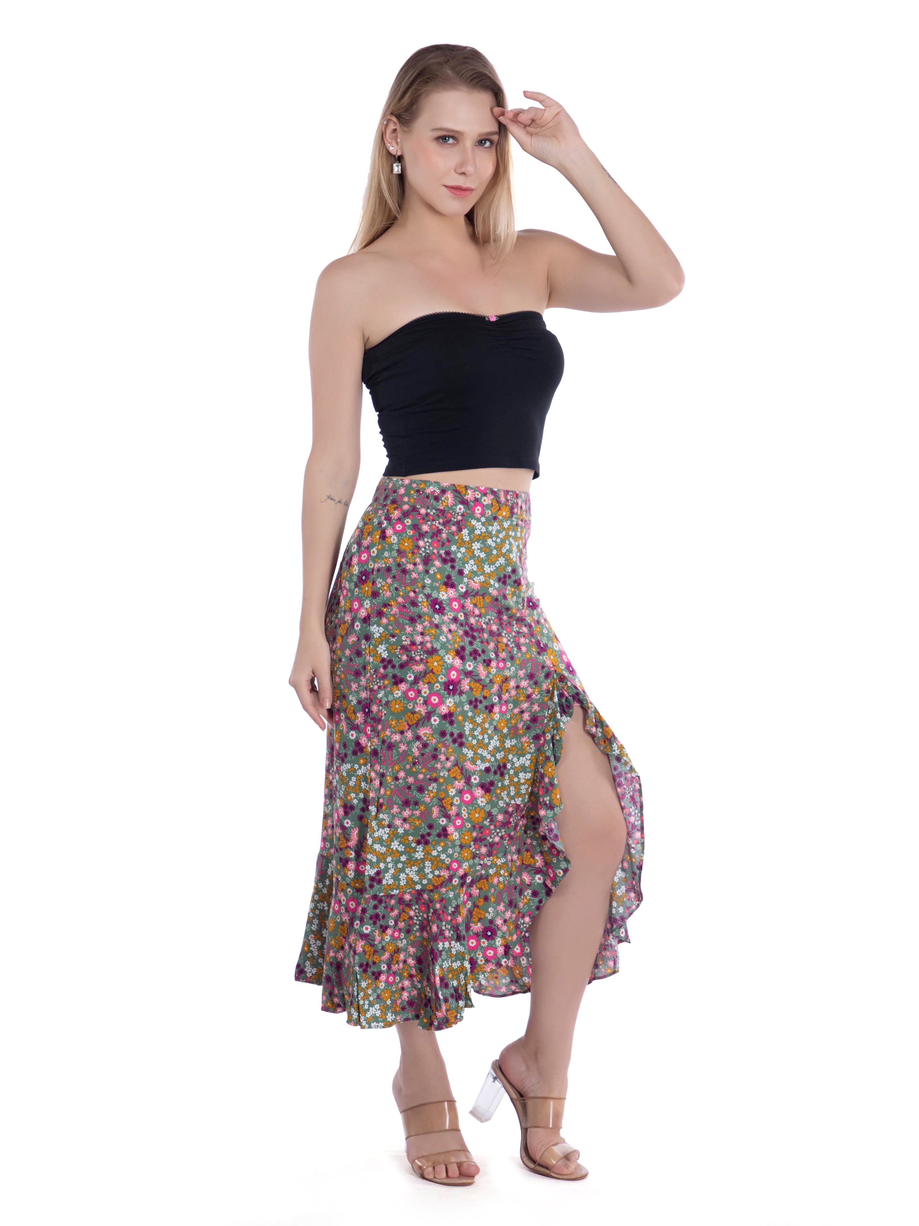 Green Floral Ruffled Summer Skirt - FRENCH THEORY