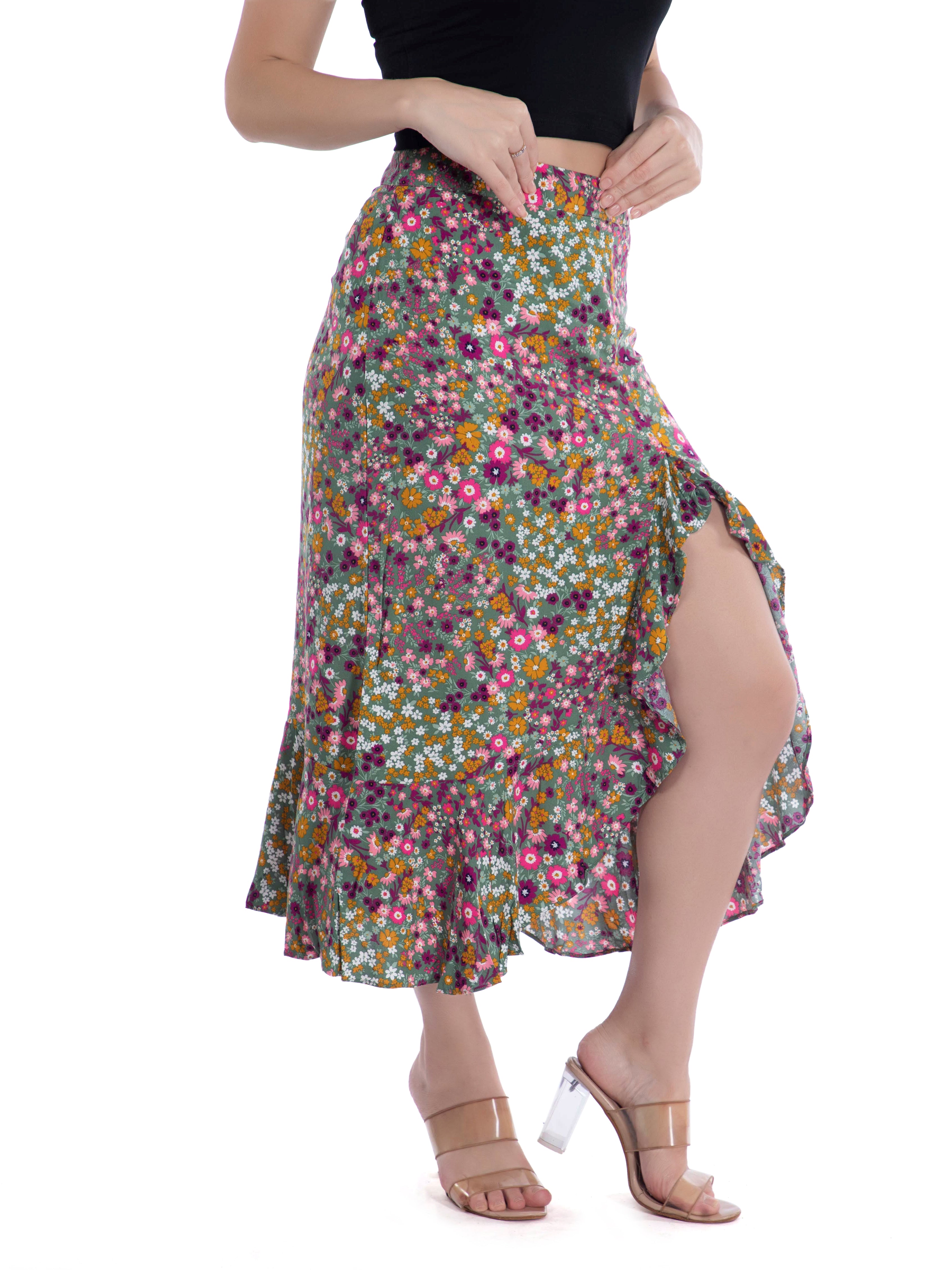 Green Floral Ruffled Summer Skirt - FRENCH THEORY