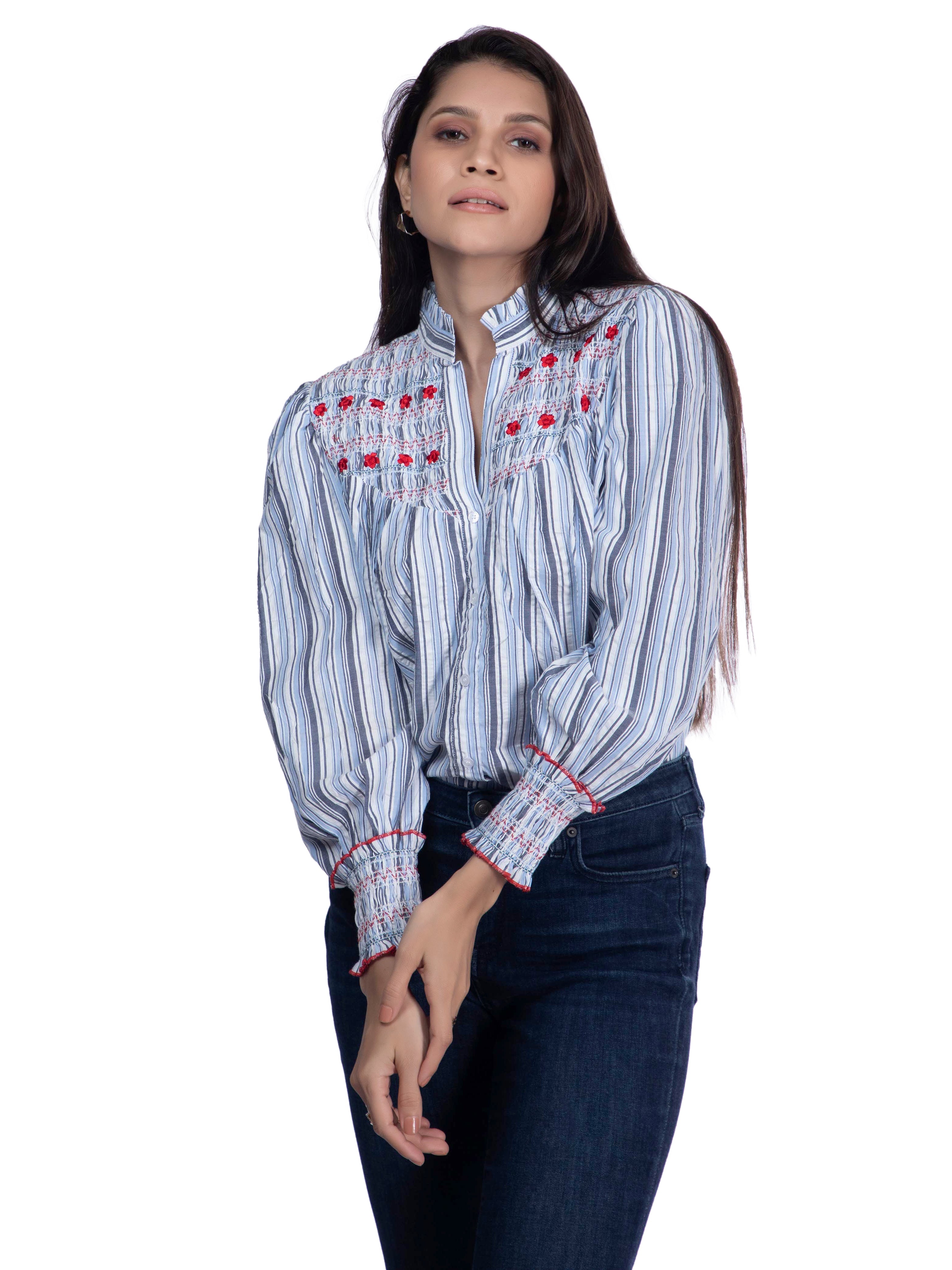 Blue & White Cotton Embroidered Shirt FRENCH THEORY