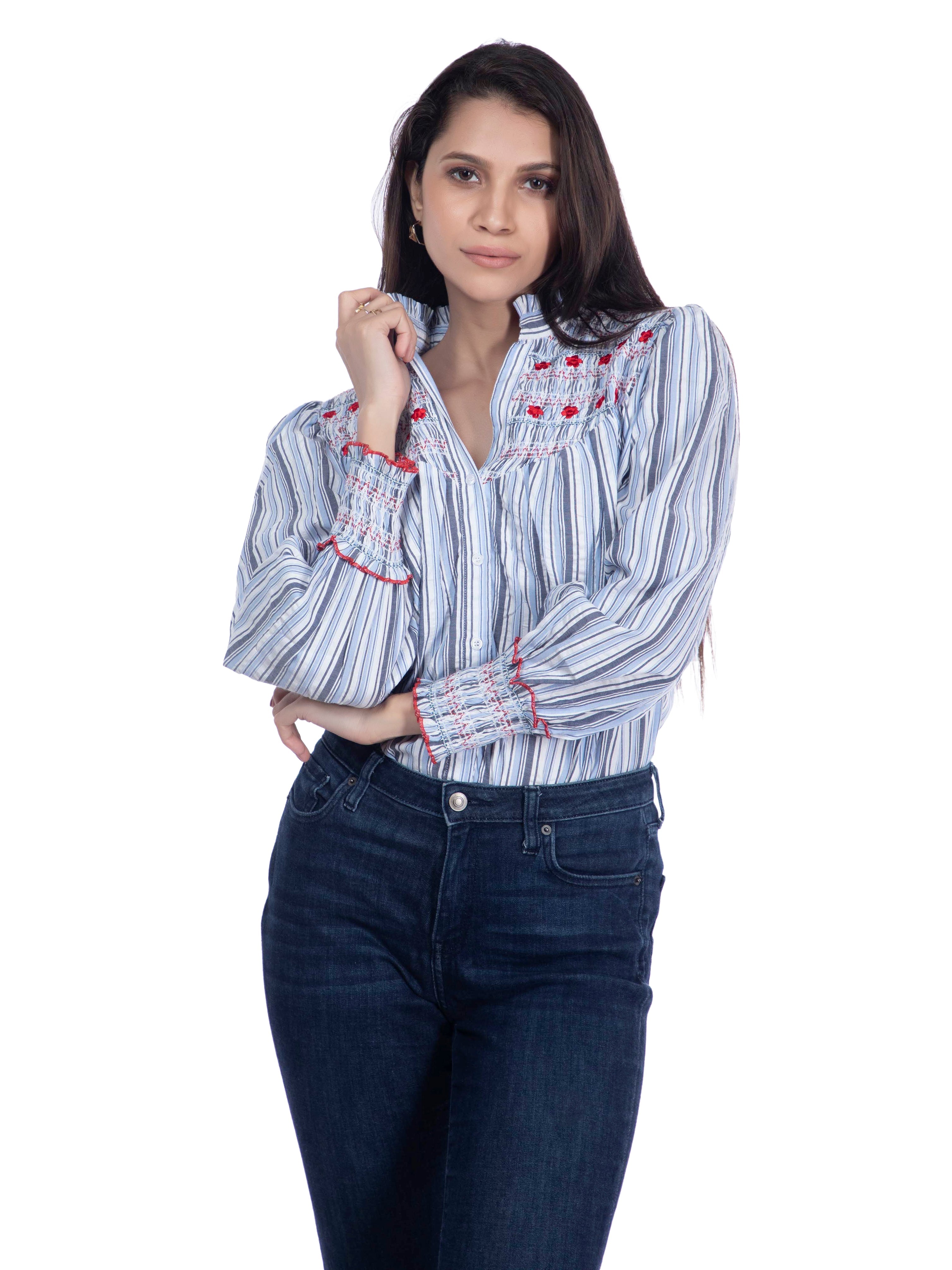 Blue & White Cotton Embroidered Shirt FRENCH THEORY