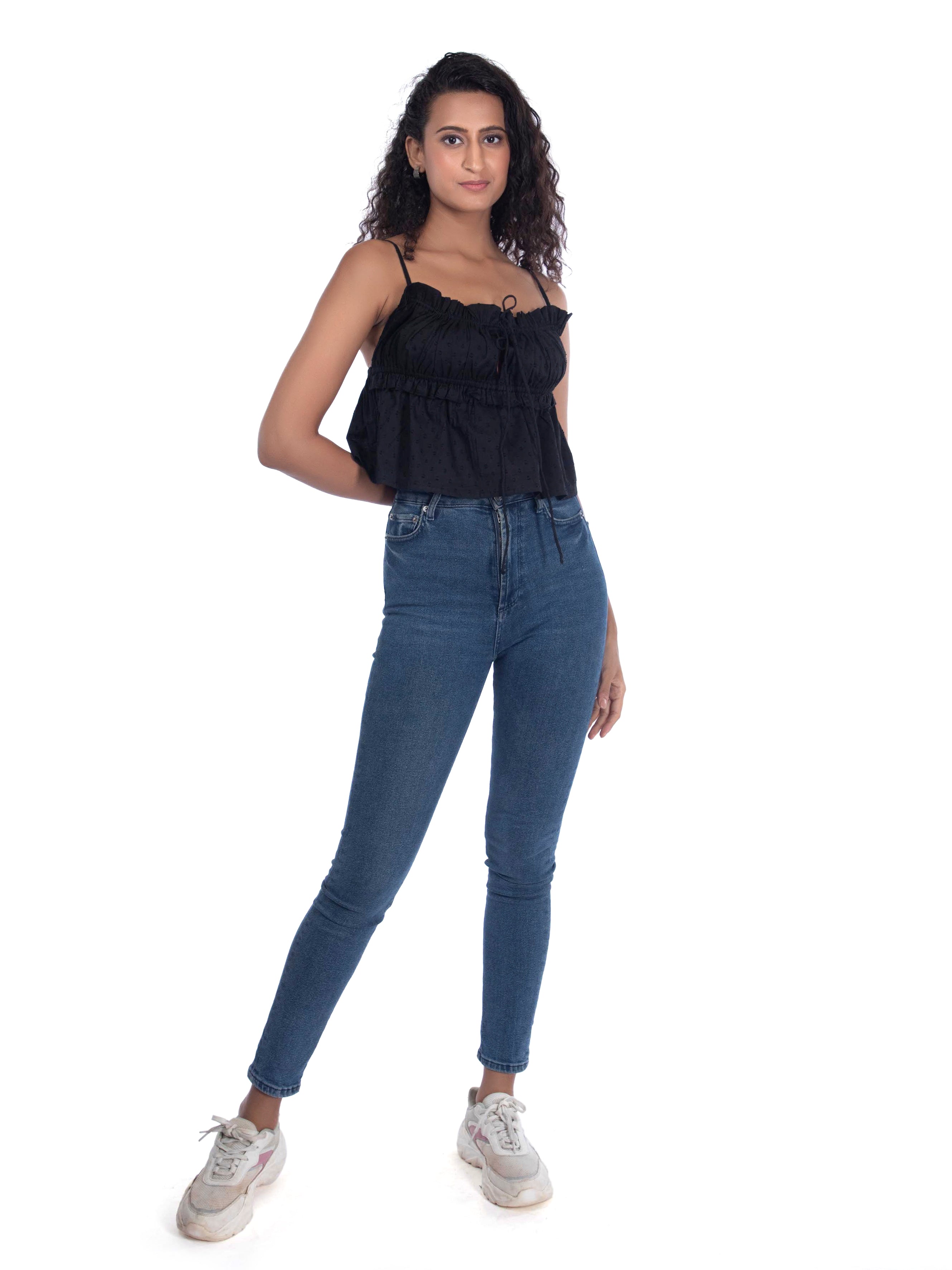 Black Strappy Top – Relaxed Fit with Ruched Detail