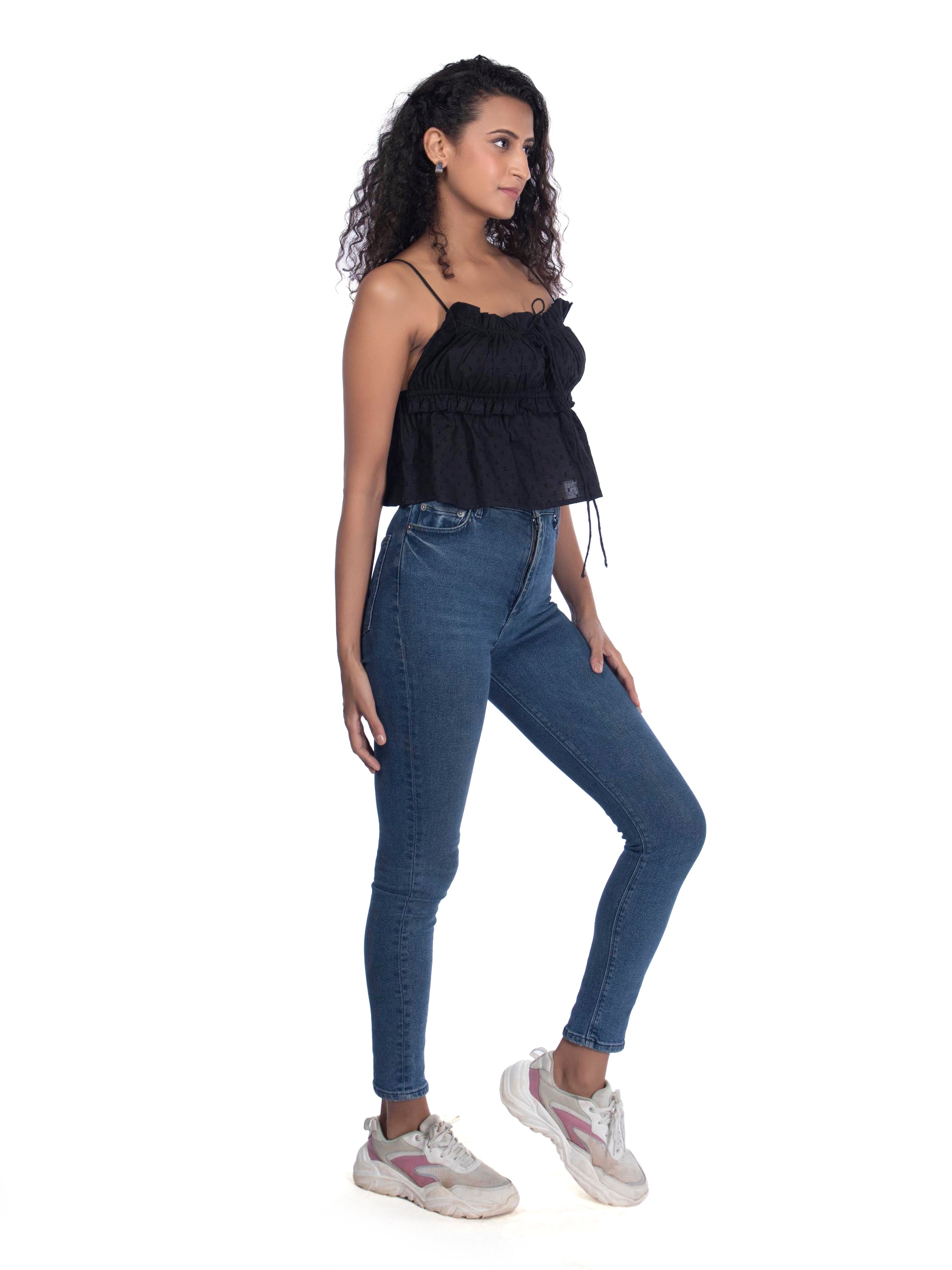 Black Strappy Top – Relaxed Fit with Ruched Detail
