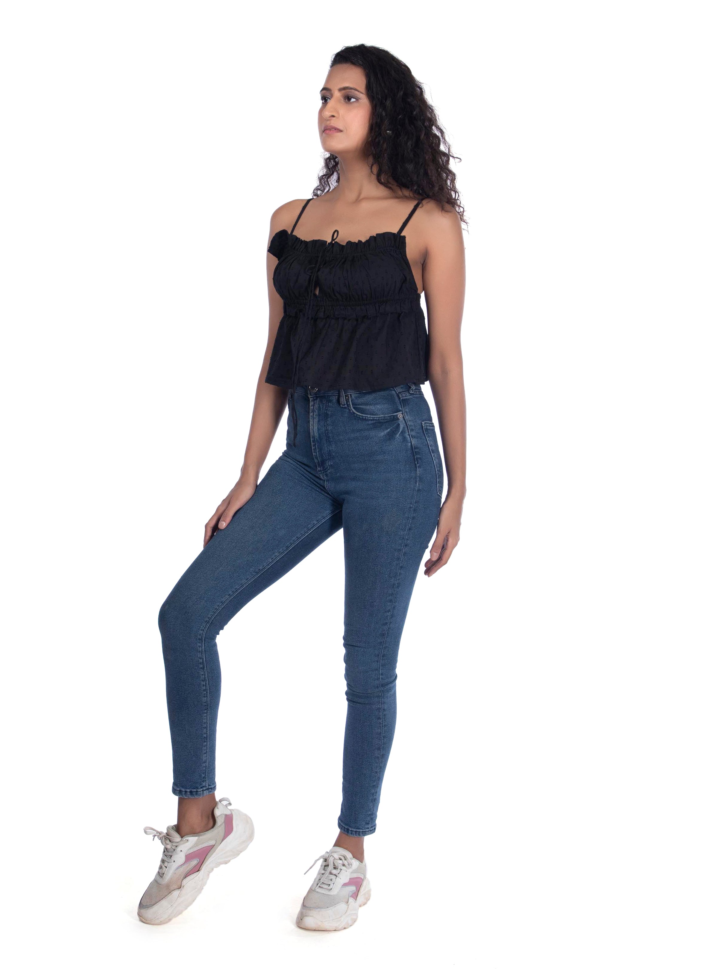 Black Strappy Top – Relaxed Fit with Ruched Detail