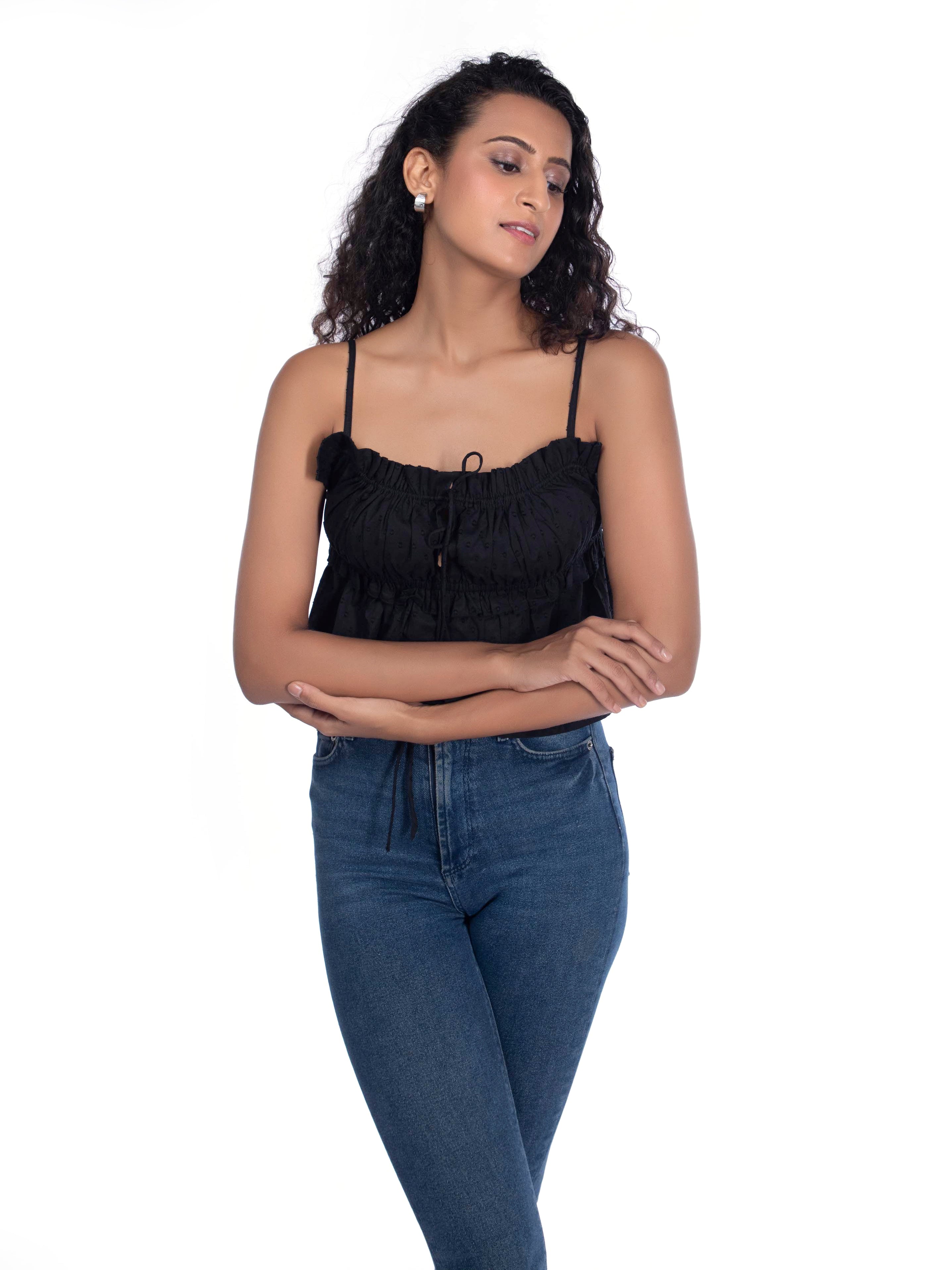 Black Strappy Top – Relaxed Fit with Ruched Detail