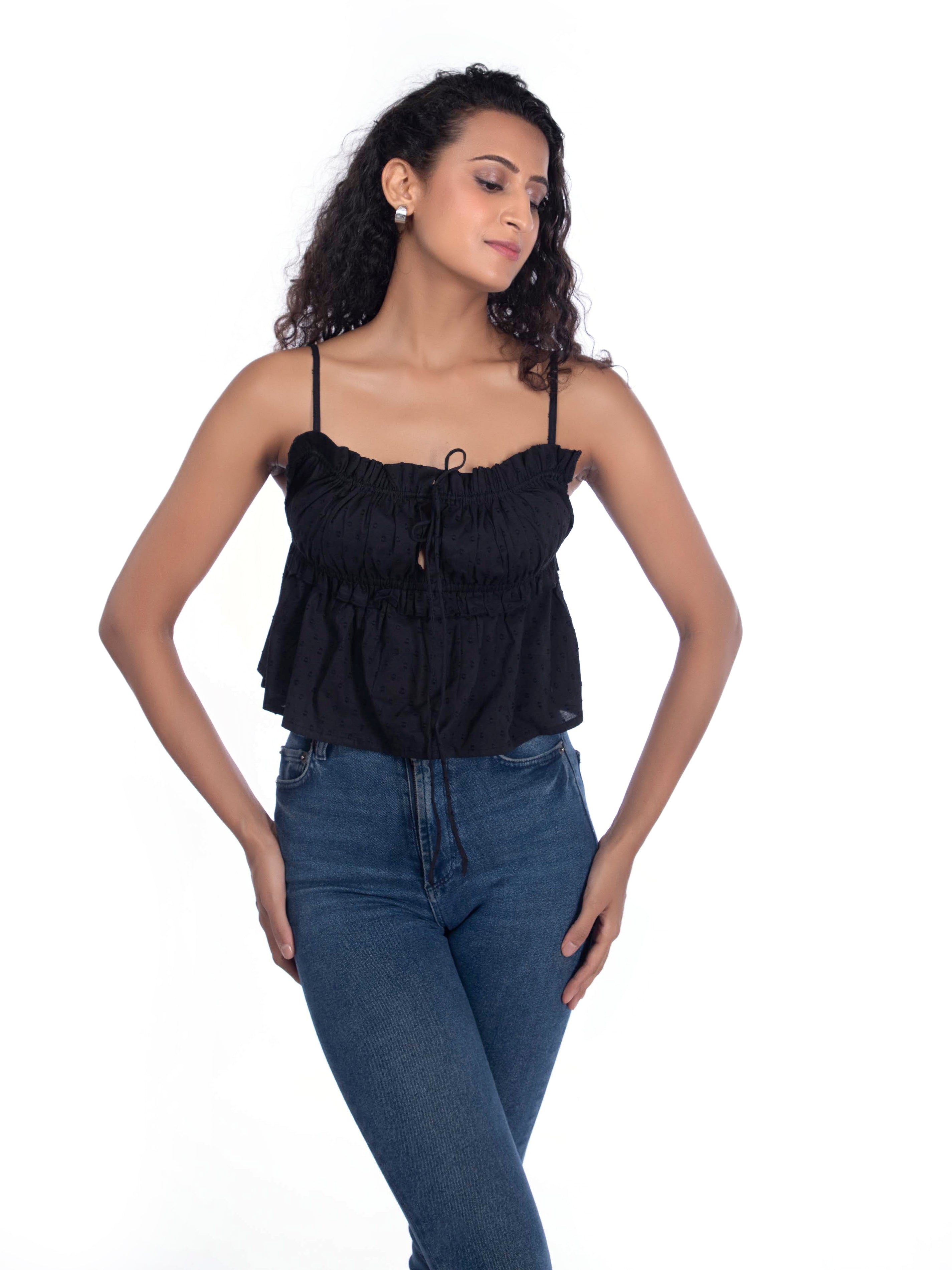 Black Strappy Top – Relaxed Fit with Ruched Detail