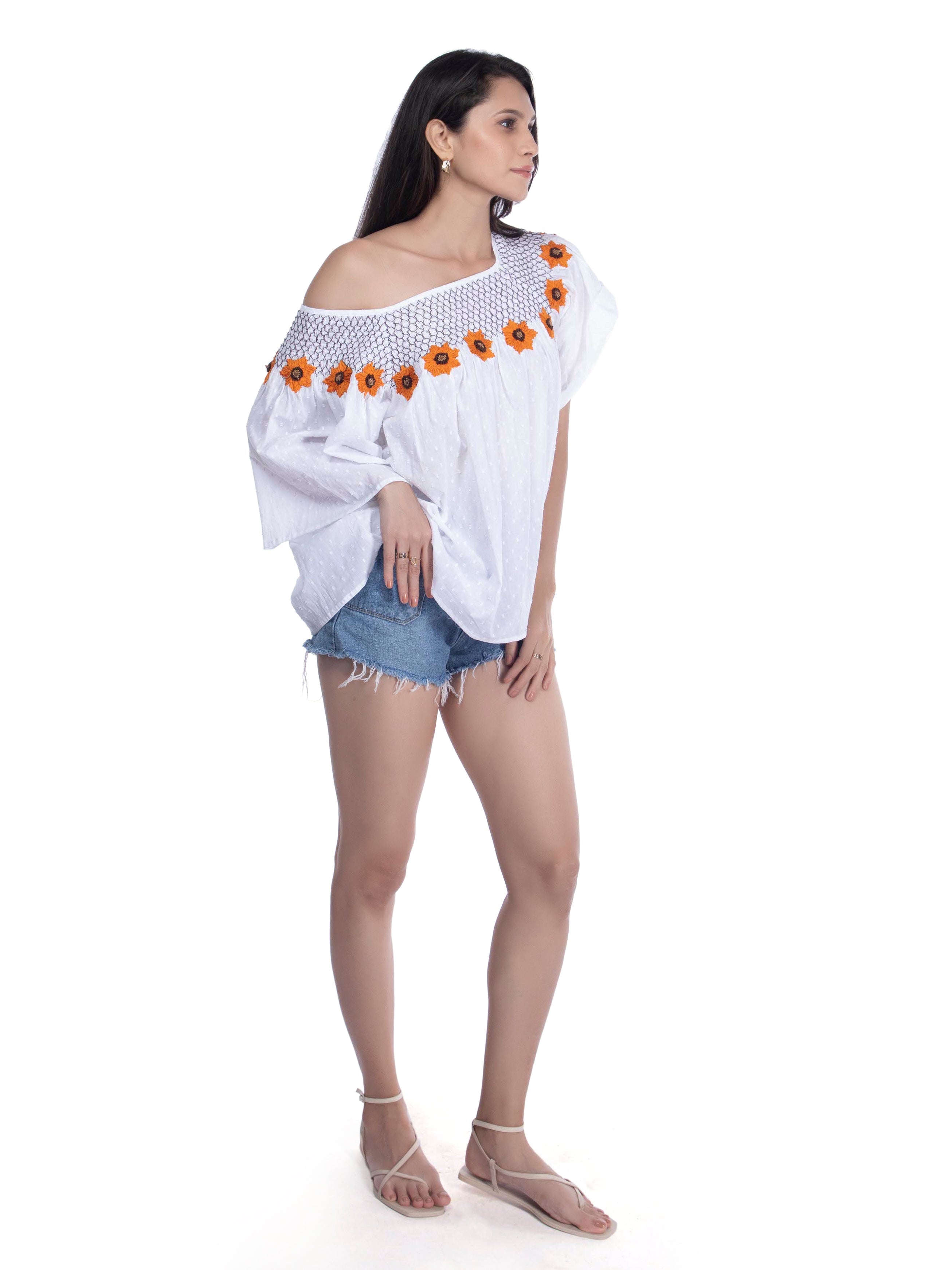 Sunflower Embroidered White Top FRENCH THEORY