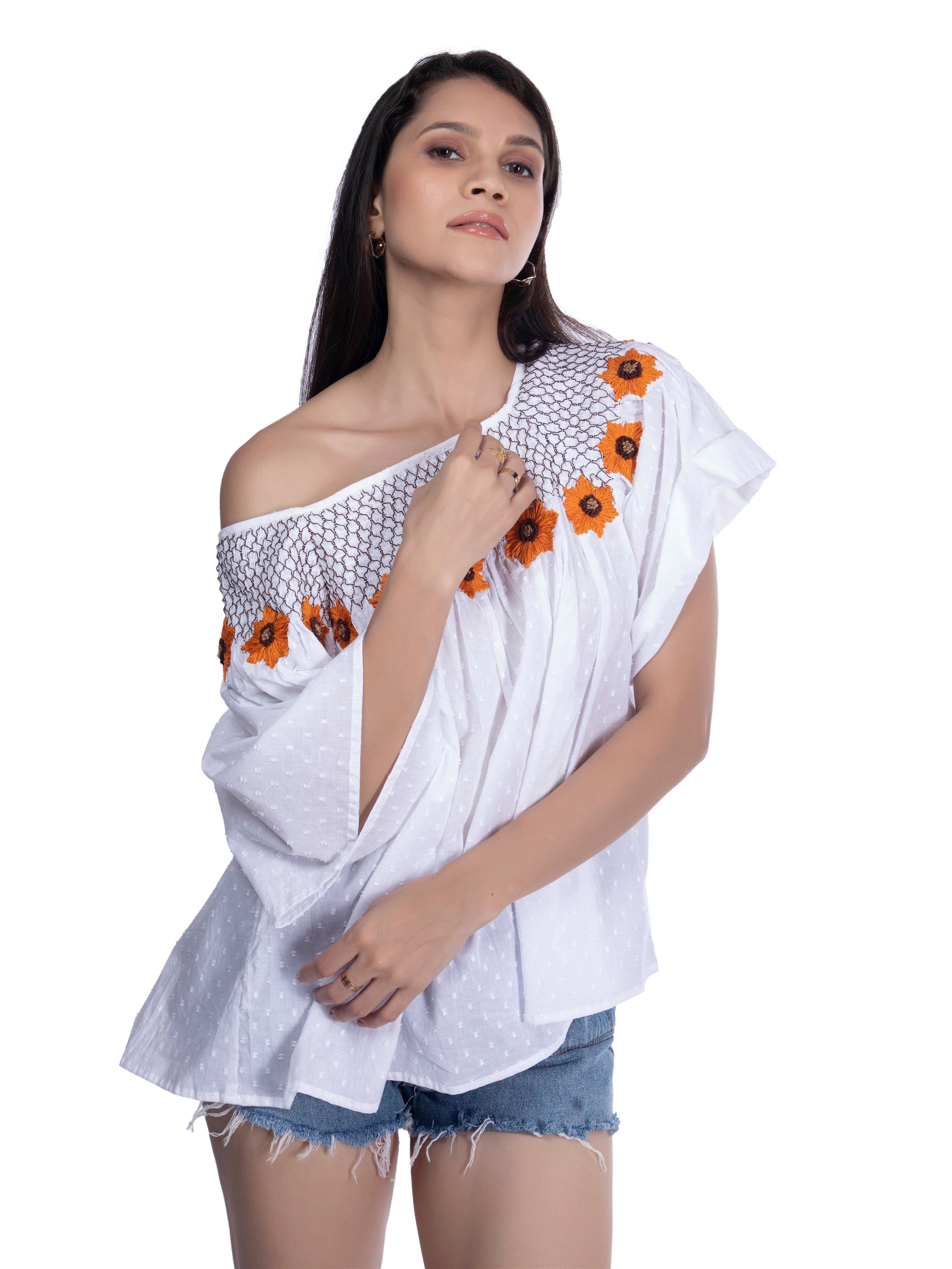 Sunflower Embroidered White Top FRENCH THEORY