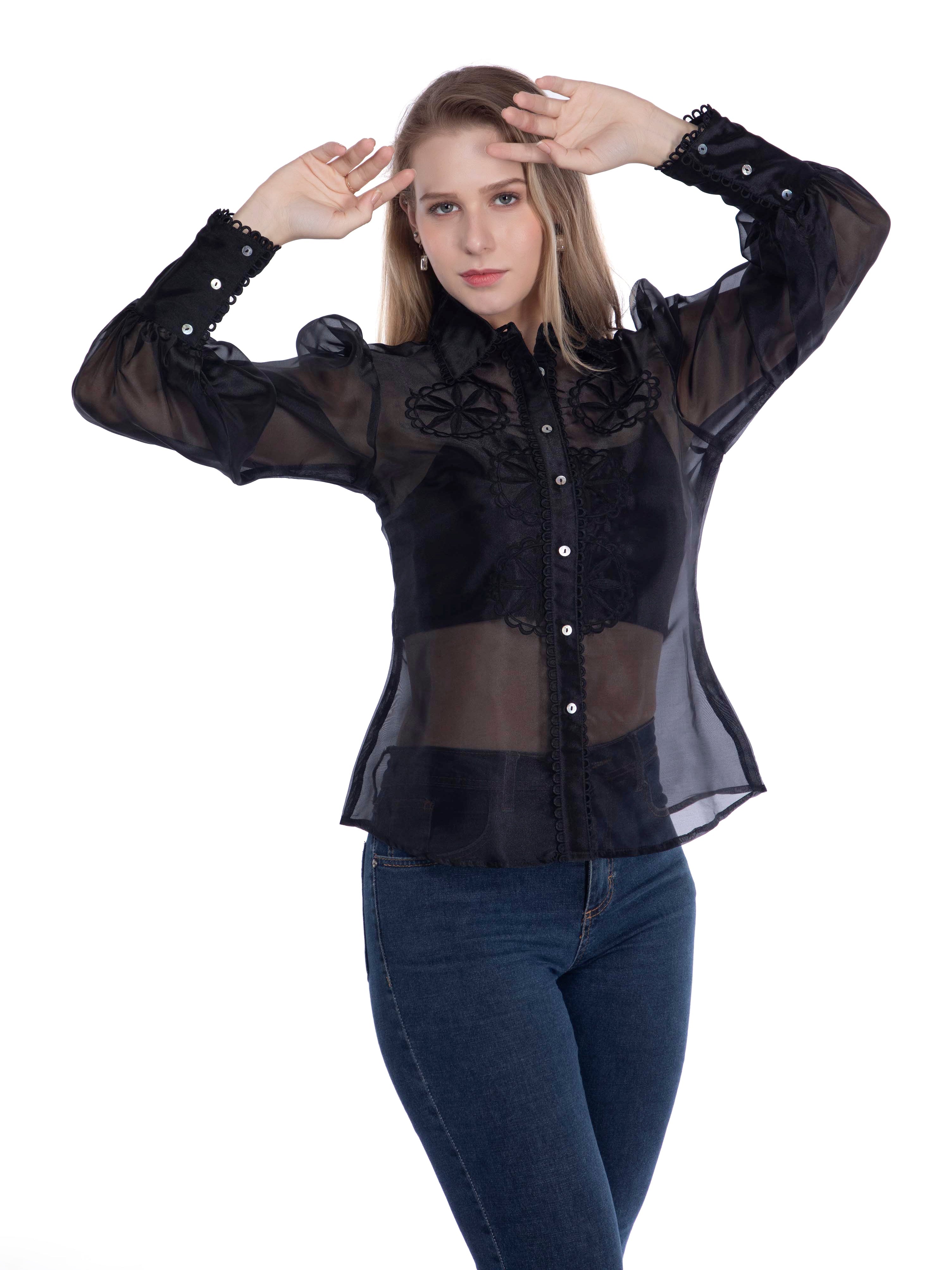 Black Organza Shirt with Cut-Work Embroidery FRENCH THEORY