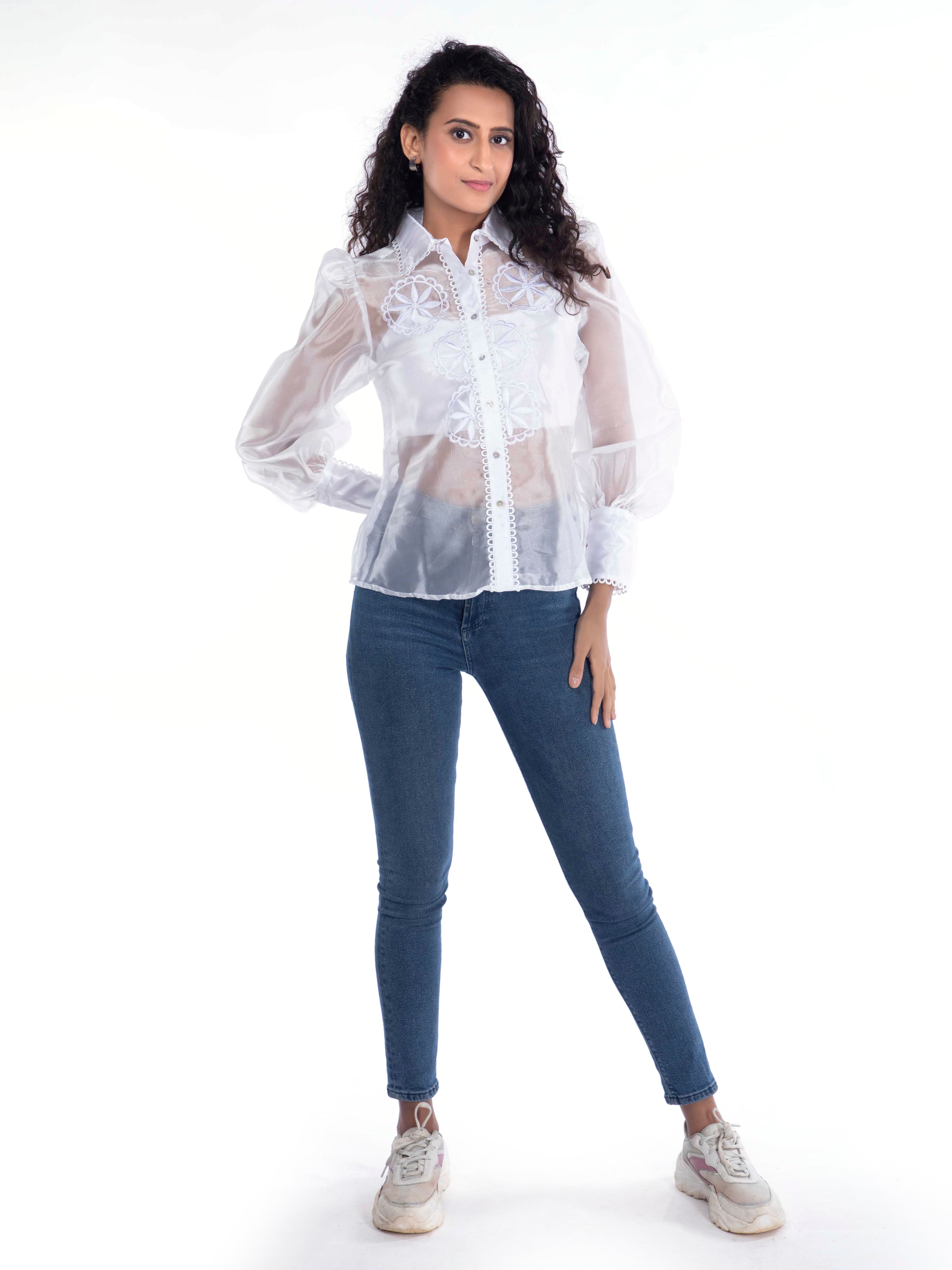 White Organza Shirt with Cut-Work Embroidery FRENCH THEORY