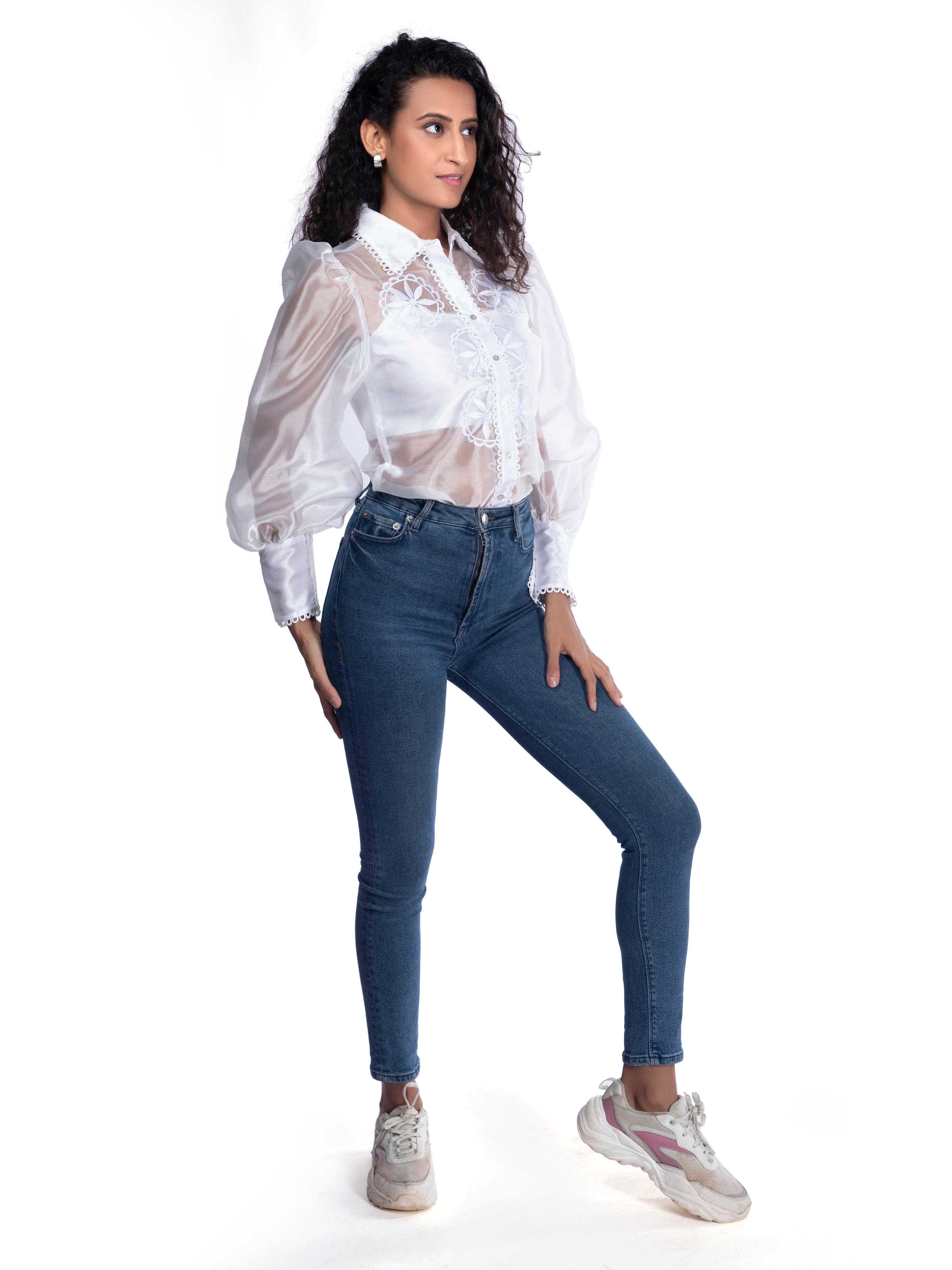 White Organza Shirt with Cut-Work Embroidery FRENCH THEORY