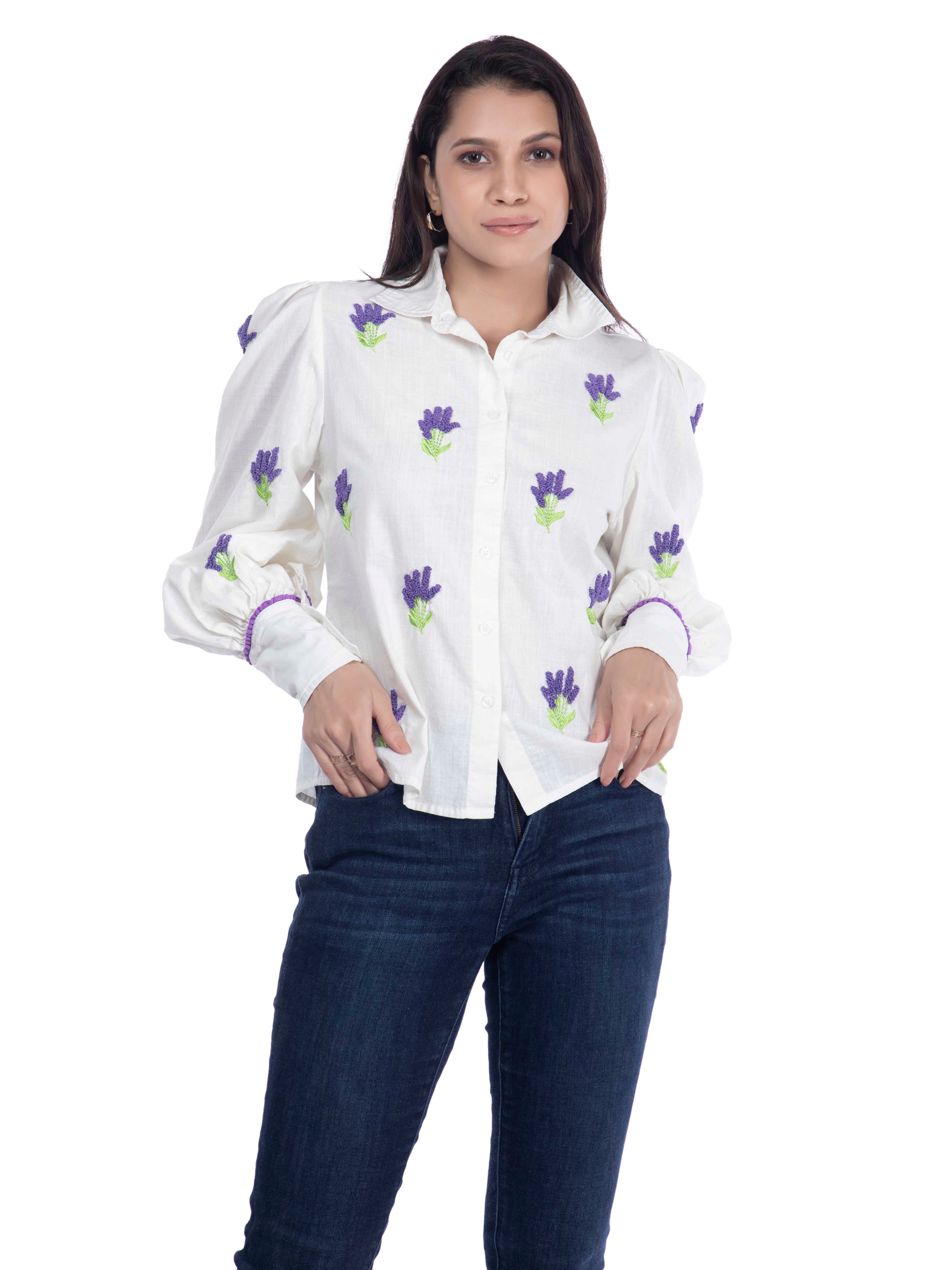 White Embroidered Cotton Linen Shirt FRENCH THEORY