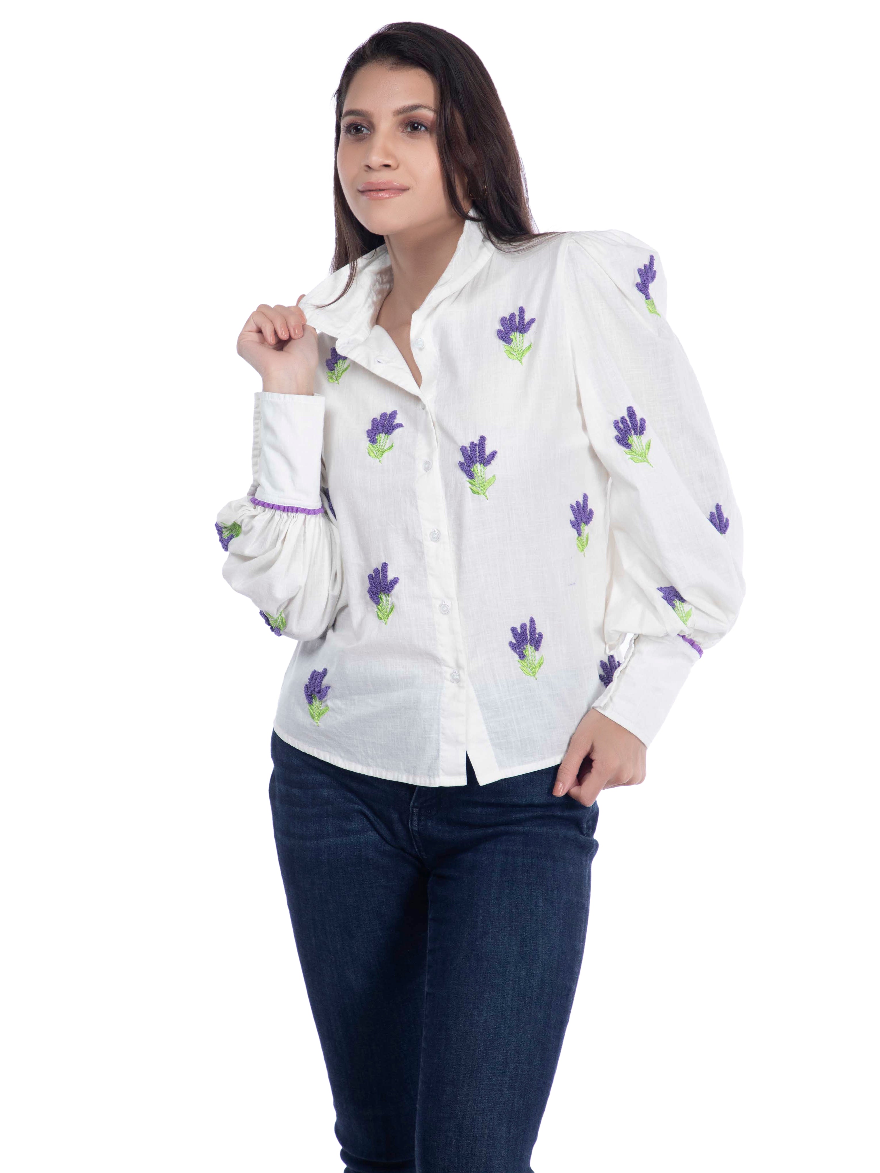White Embroidered Cotton Linen Shirt FRENCH THEORY