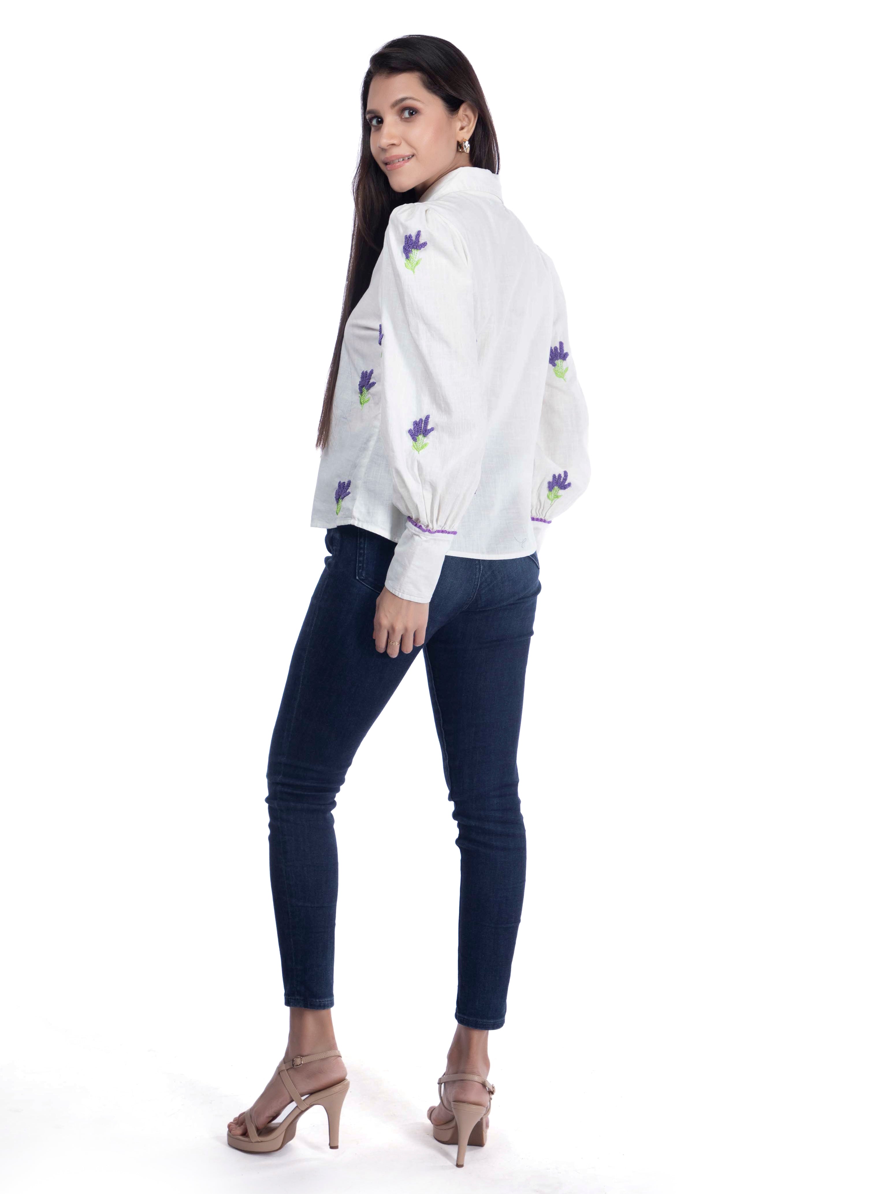 White Embroidered Cotton Linen Shirt FRENCH THEORY