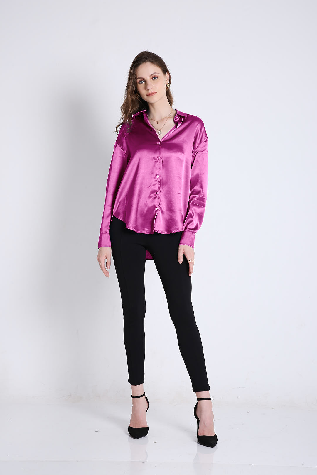 Oversized Satin Fuchsia Pink Shirt