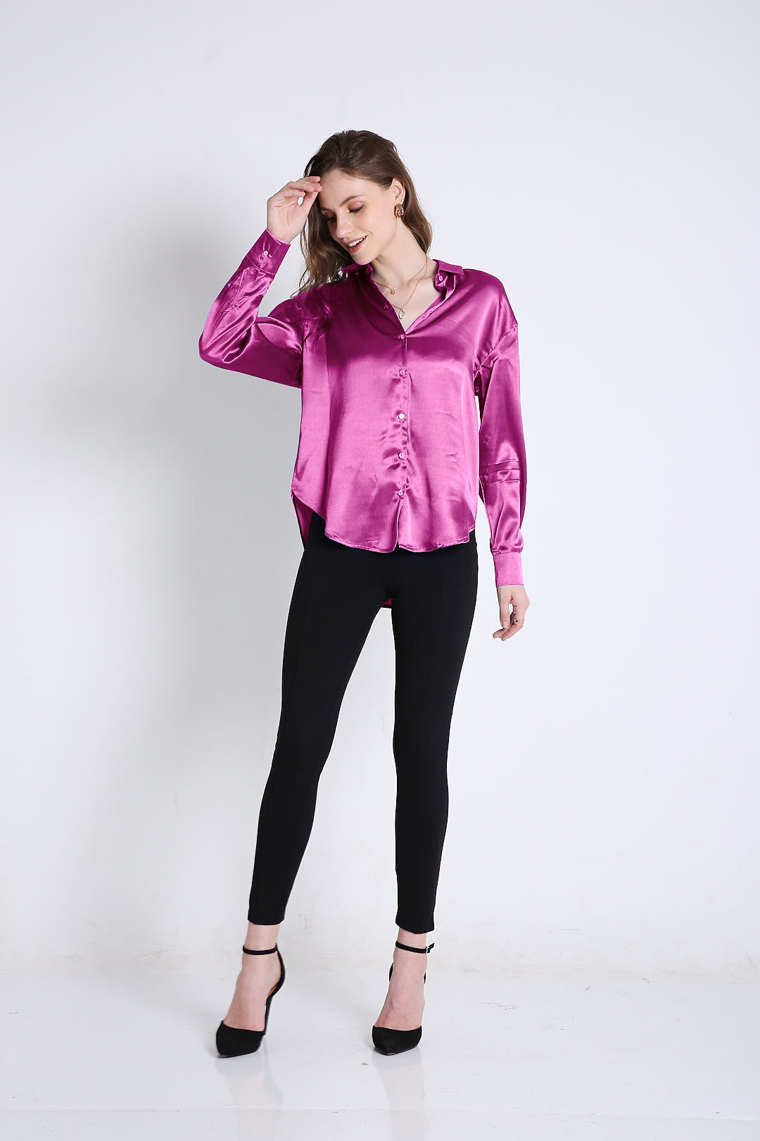 Oversized Satin Fuchsia Pink Shirt