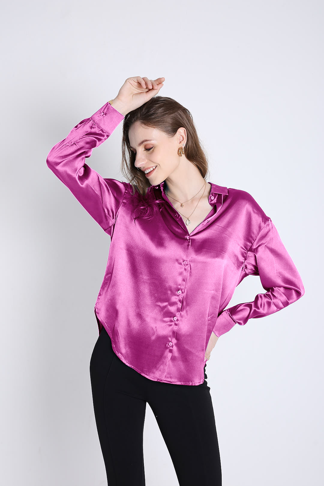 Oversized Satin Fuchsia Pink Shirt