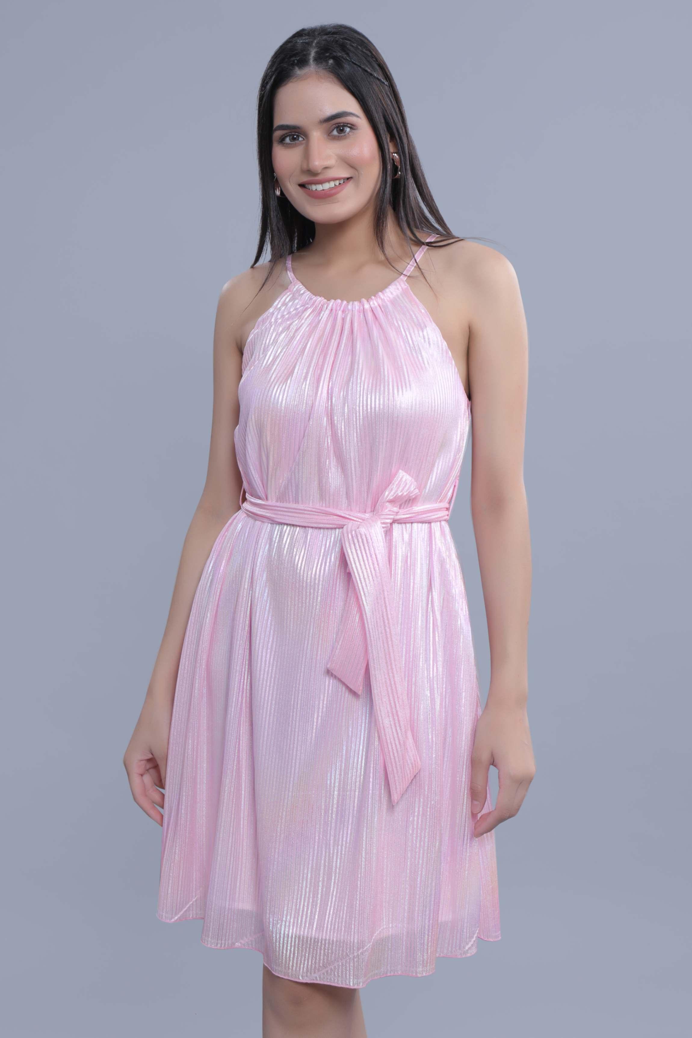 Pink Metallic Printed Pleated A-line Party Dress FRENCH THEORY