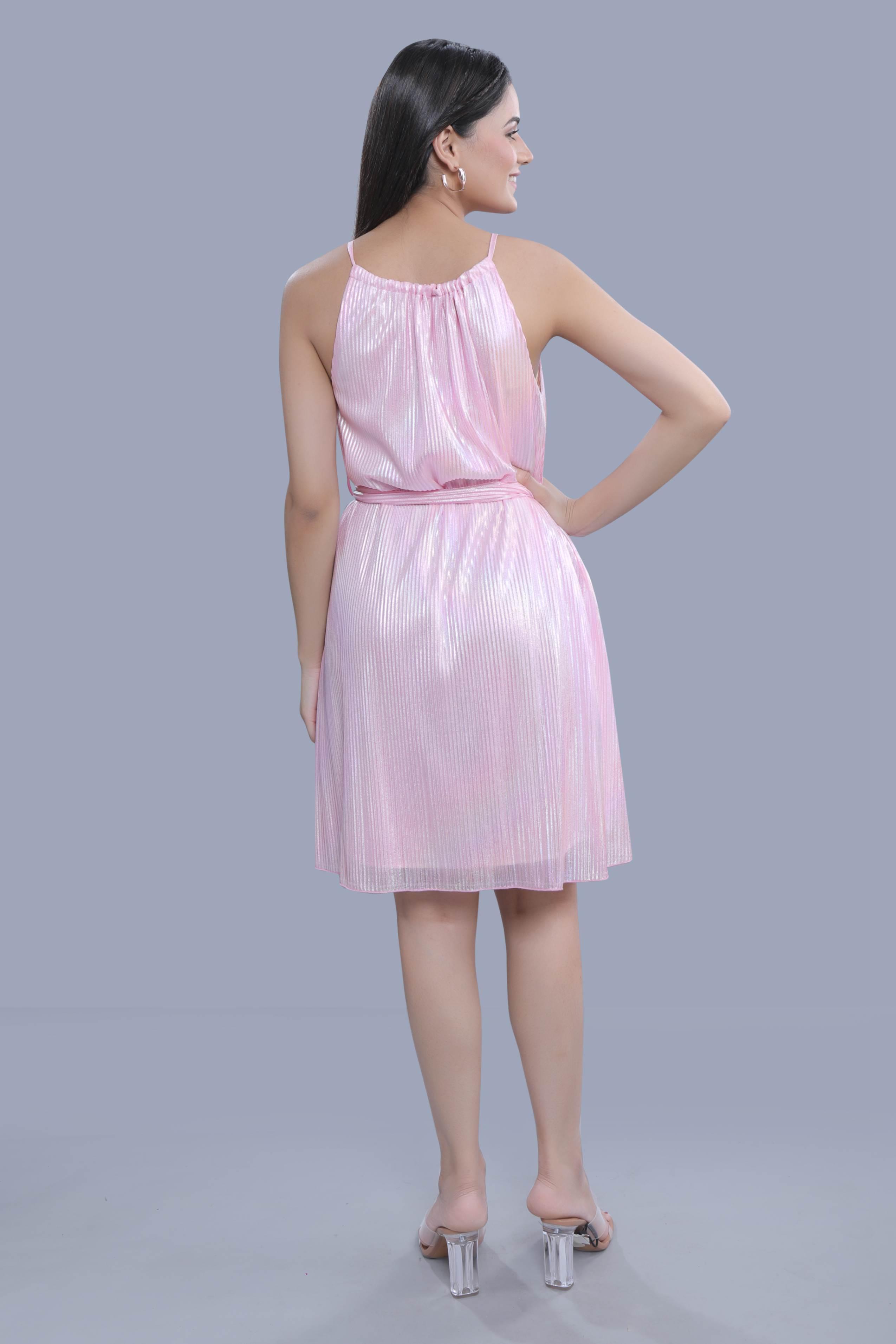 Pink Metallic Printed Pleated A-line Party Dress FRENCH THEORY