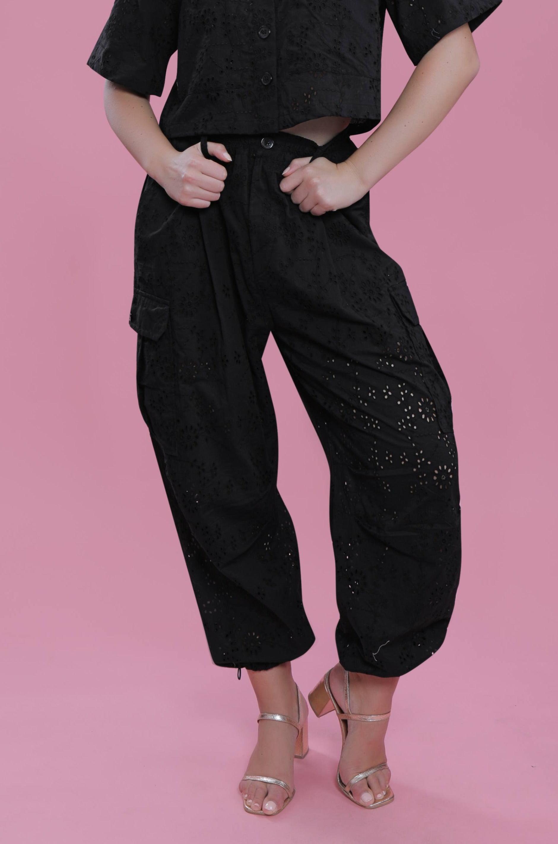 Black Relax Fit Long Schiffli Cargo Pant FRENCH THEORY