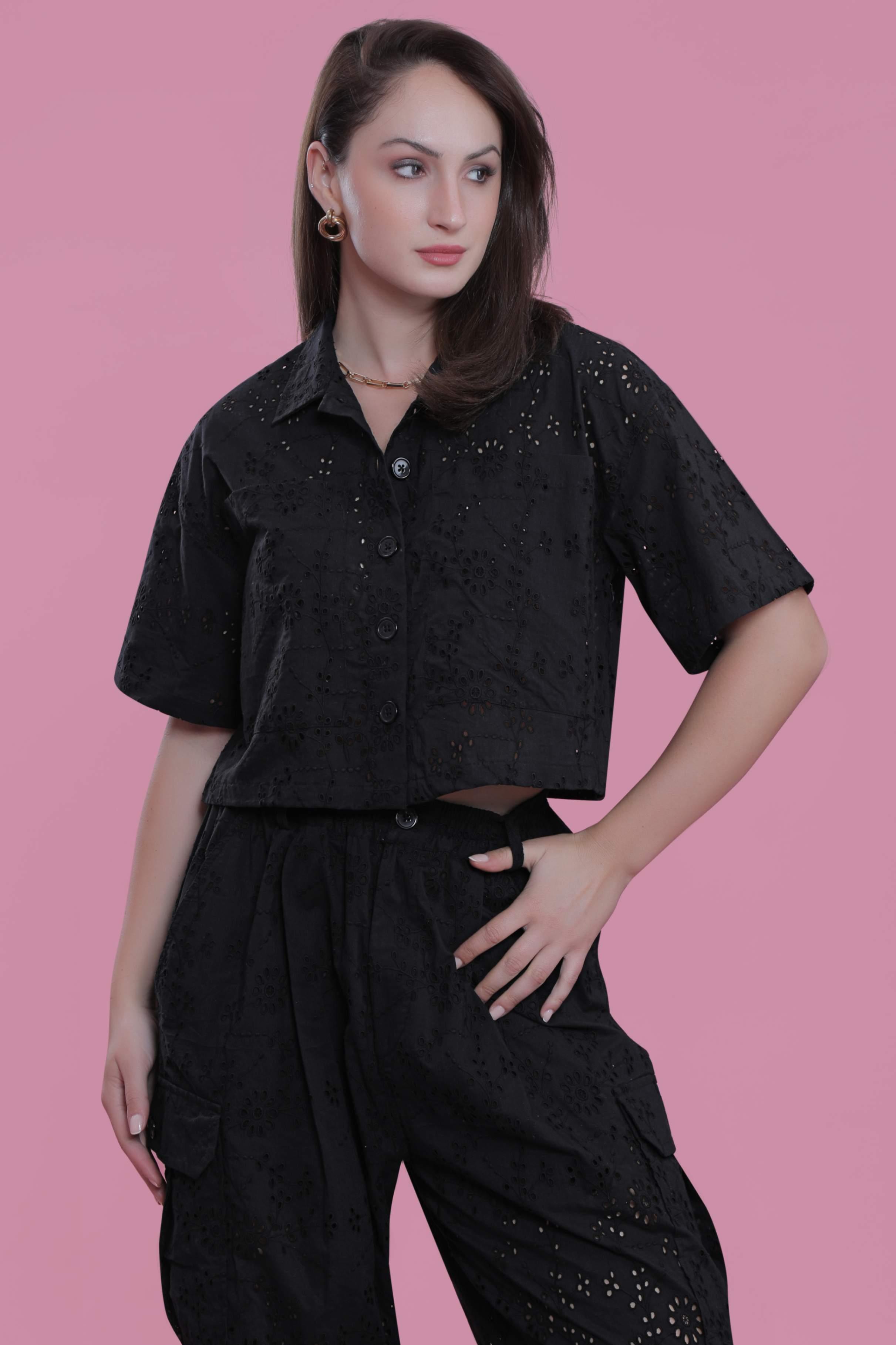 Black Relax Fit Long Schiffli Cargo Pant FRENCH THEORY