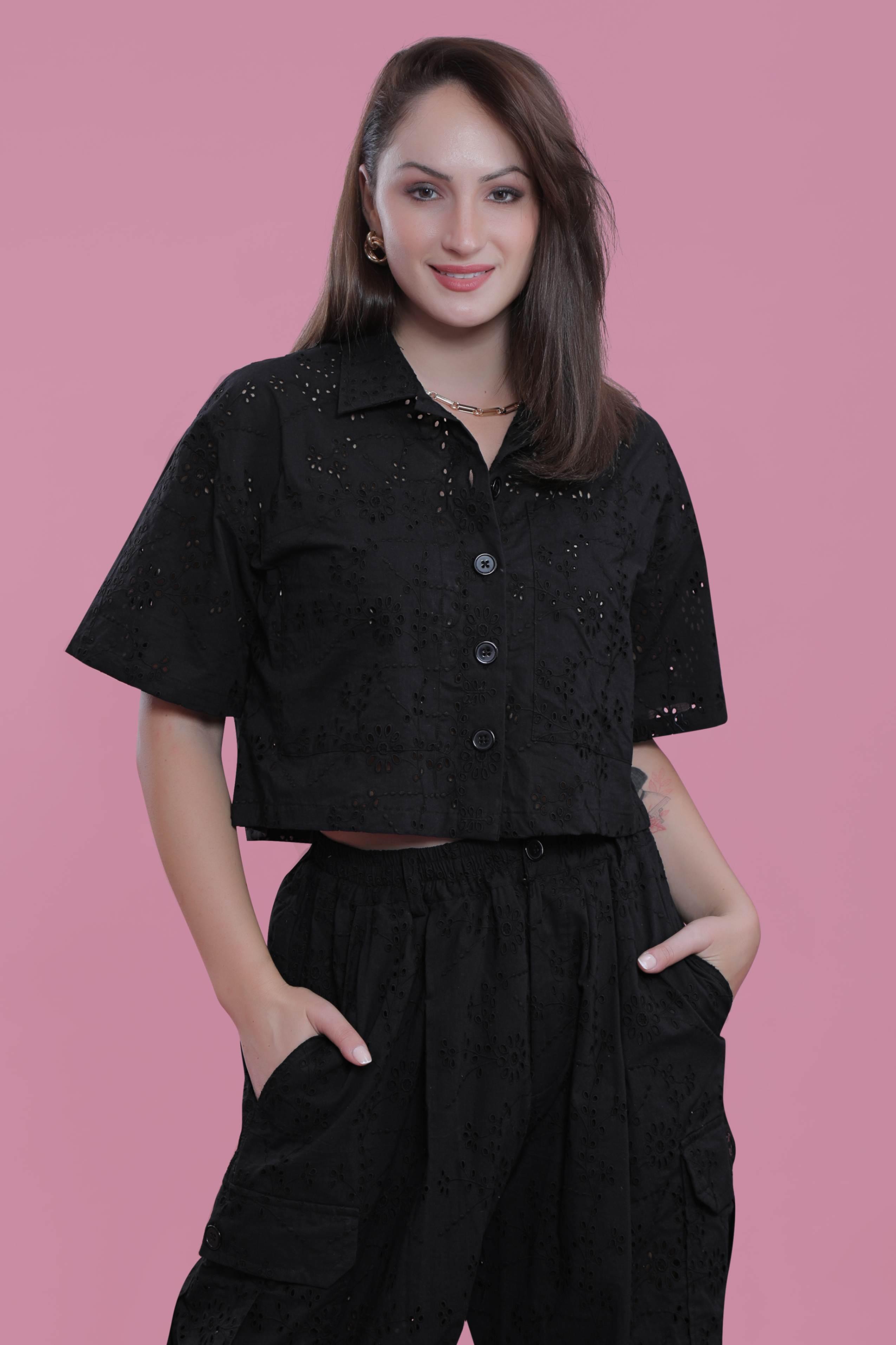 Black Relax Fit Long Schiffli Cargo Pant FRENCH THEORY