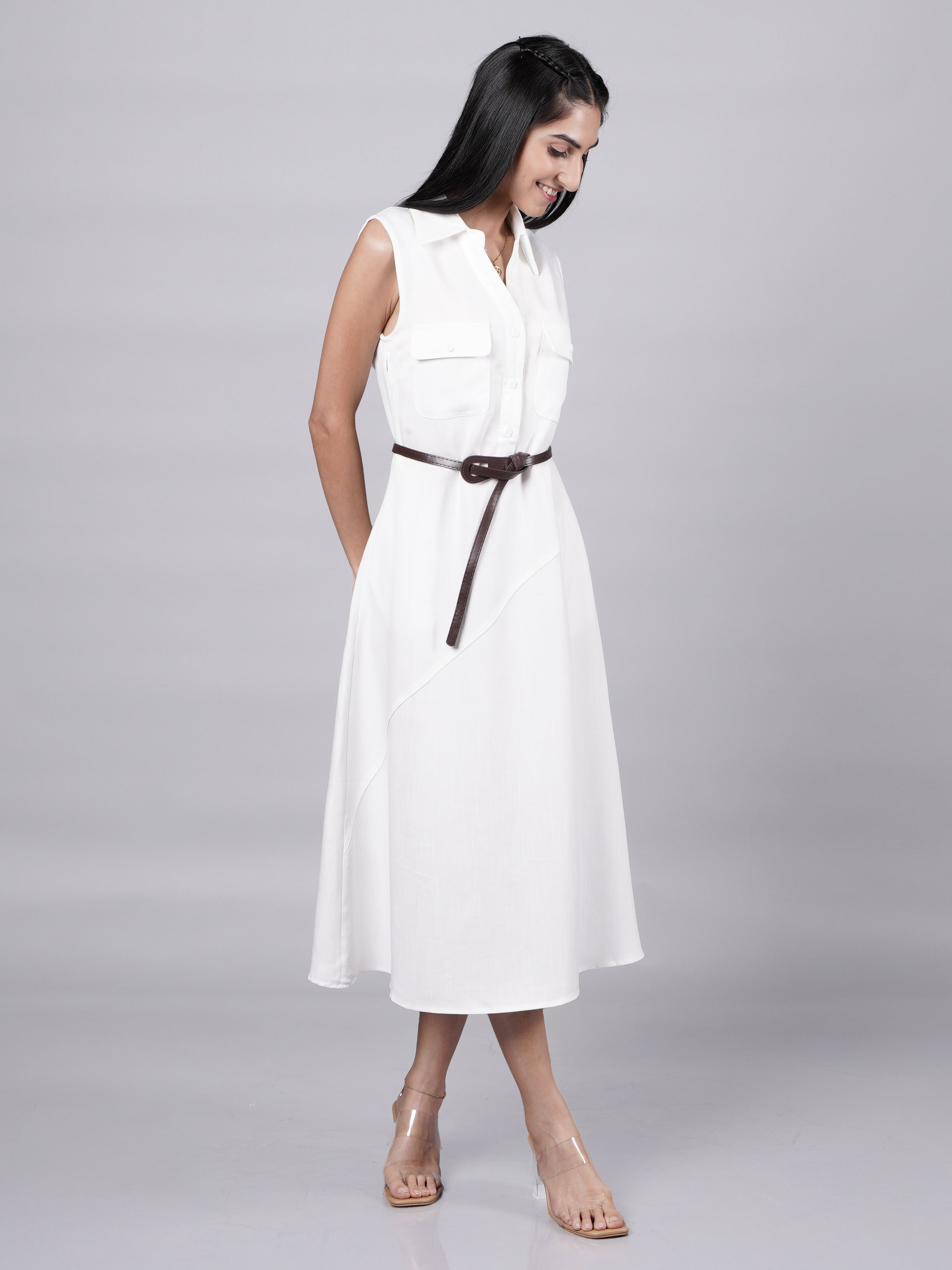 Sleeveless A-Line White Shirt Dress