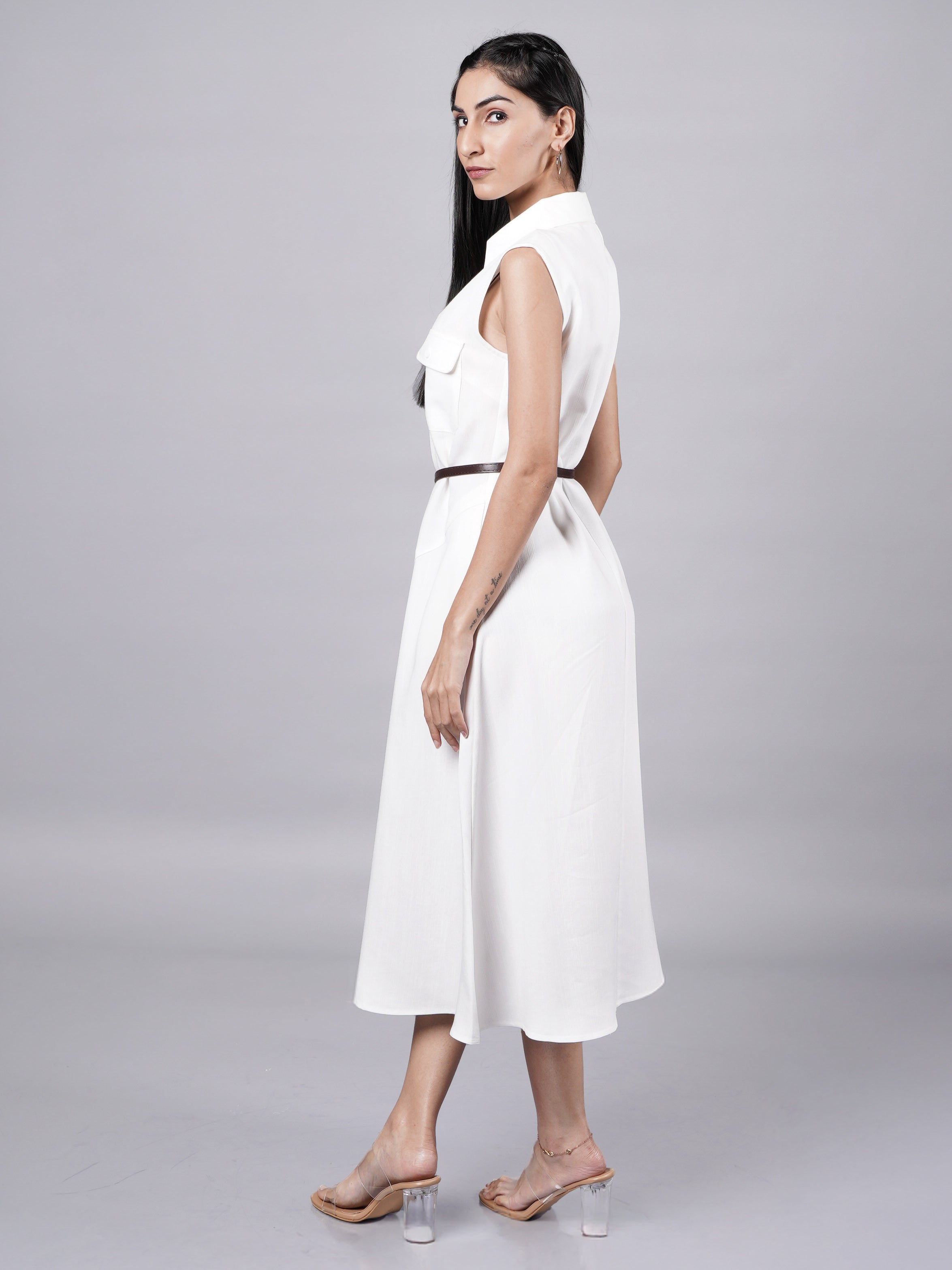 Sleeveless A-Line White Shirt Dress
