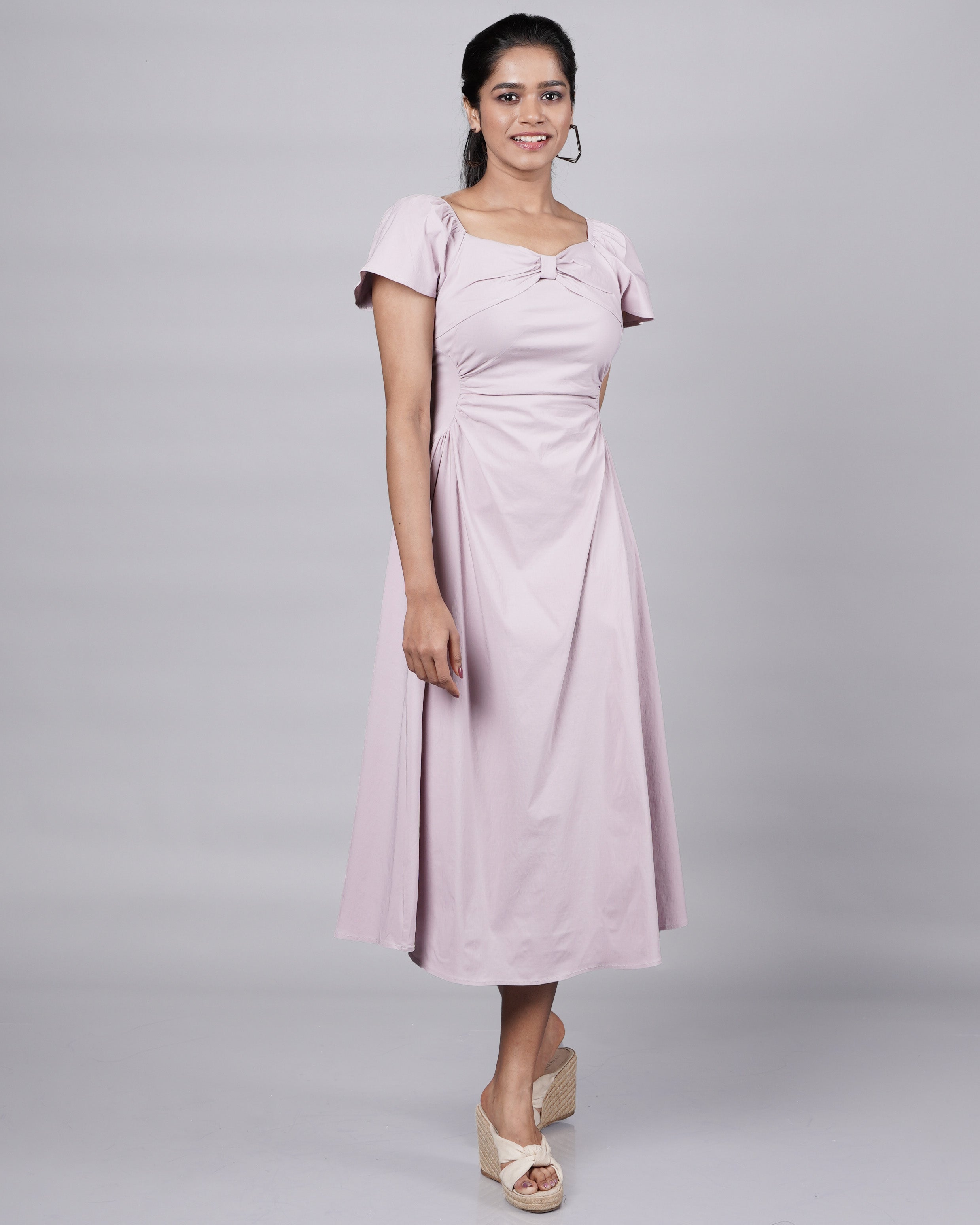 Lavender Midi Dress – Vintage Sleeves & Statement Bows