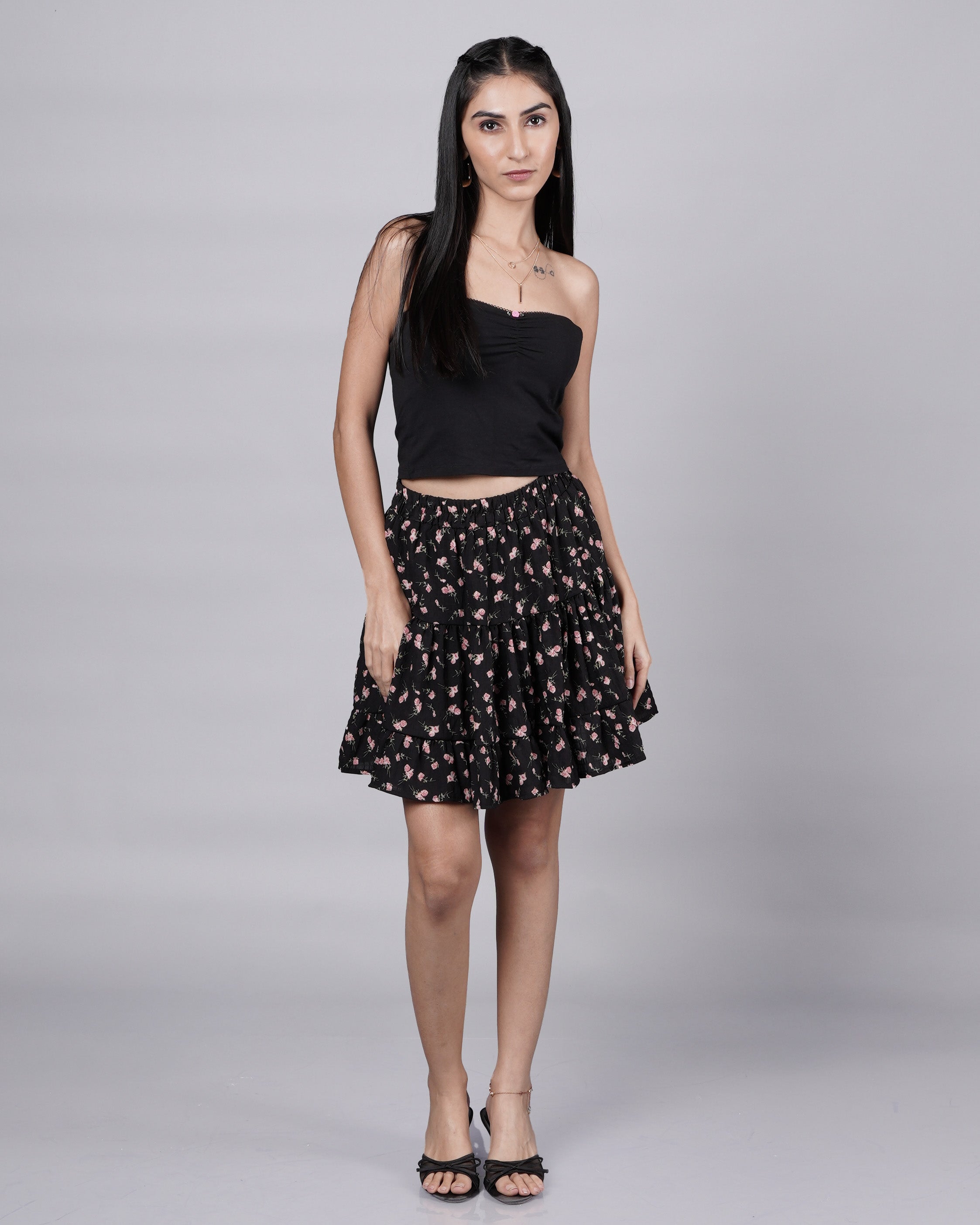 Printed Black Mini Skirt with Ruffle Tiers