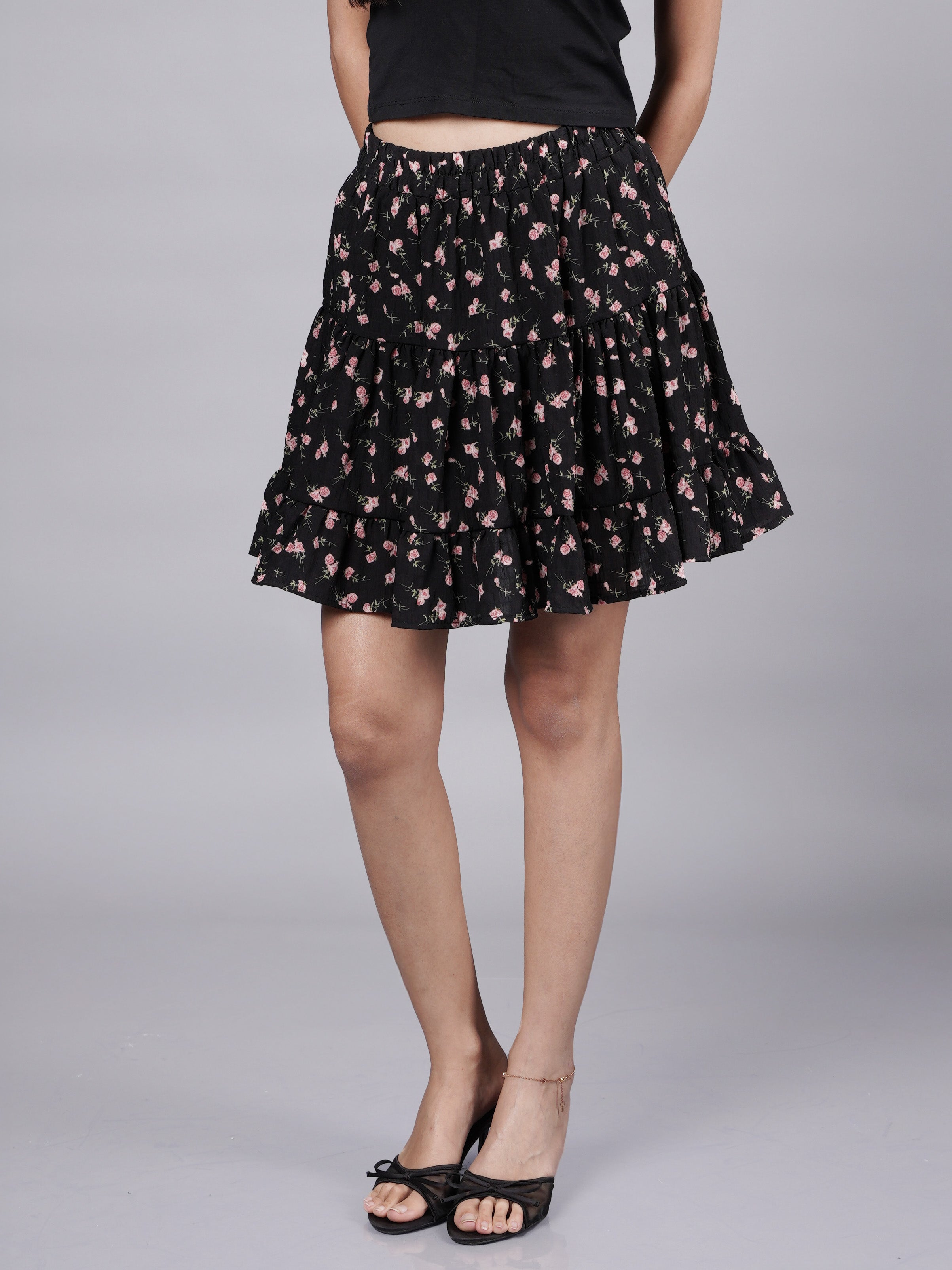 Printed Black Mini Skirt with Ruffle Tiers