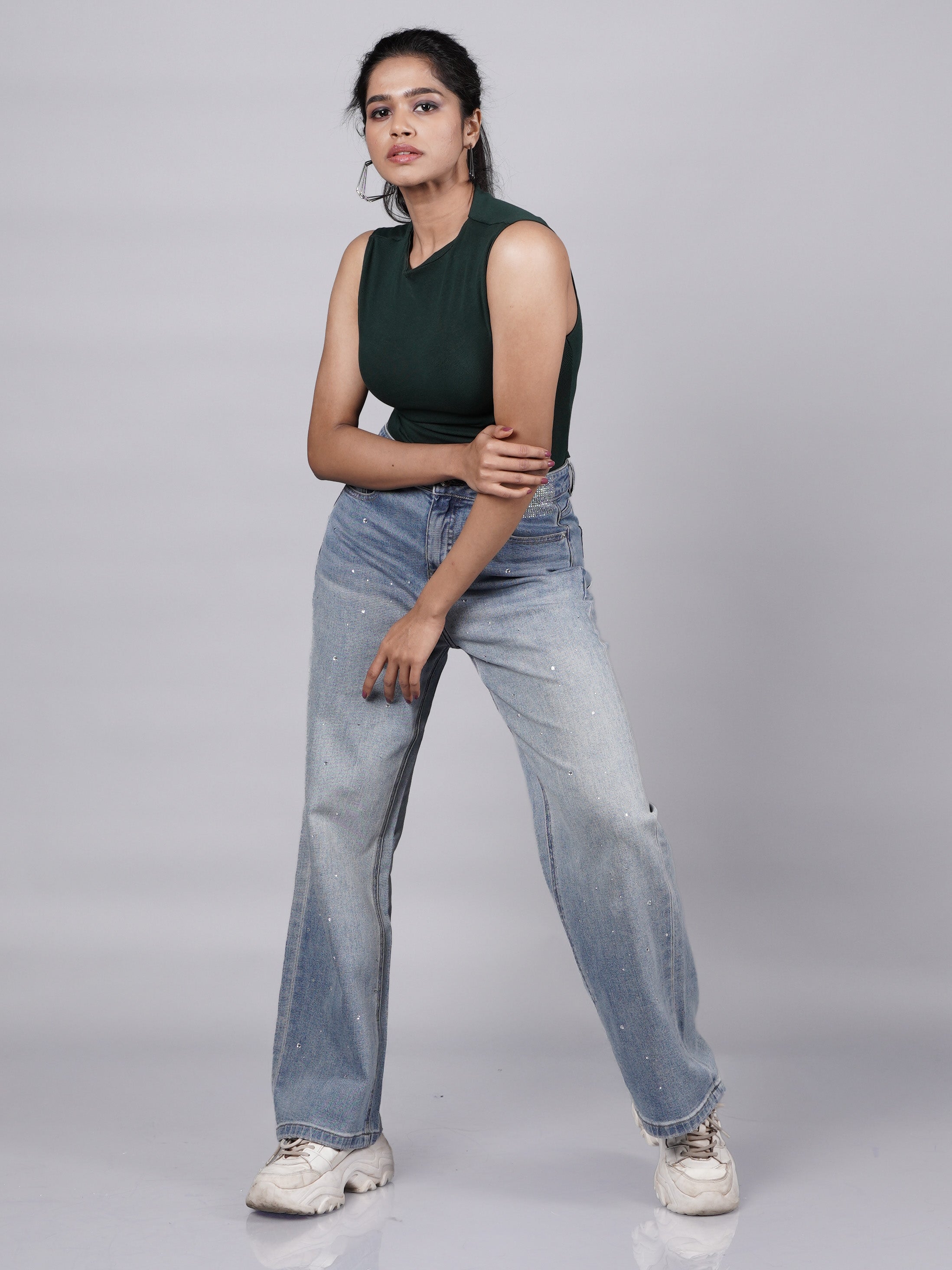 Wide Leg Blue Denim Pants with Subtle Sparkle