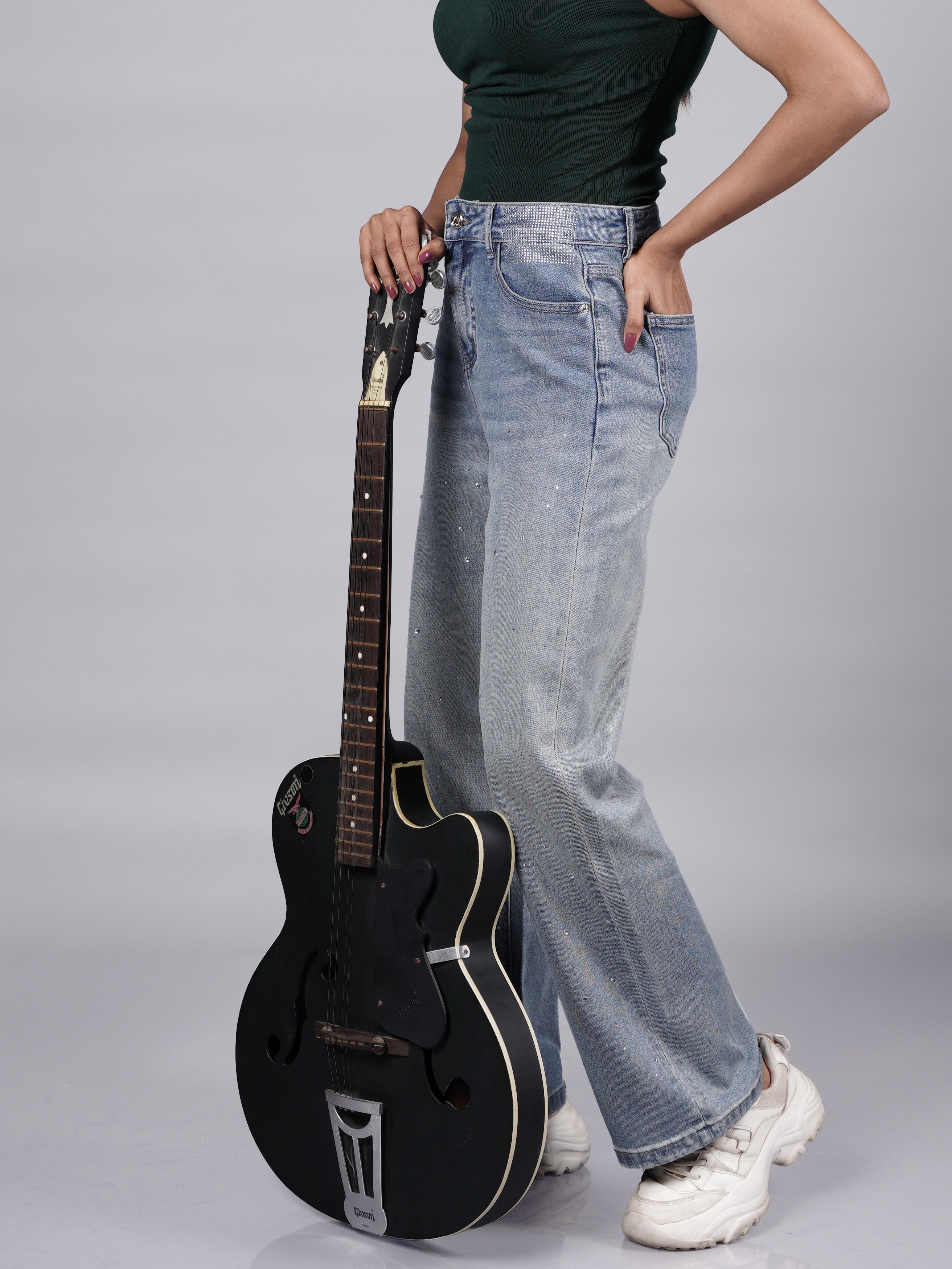 Wide Leg Blue Denim Pants with Subtle Sparkle