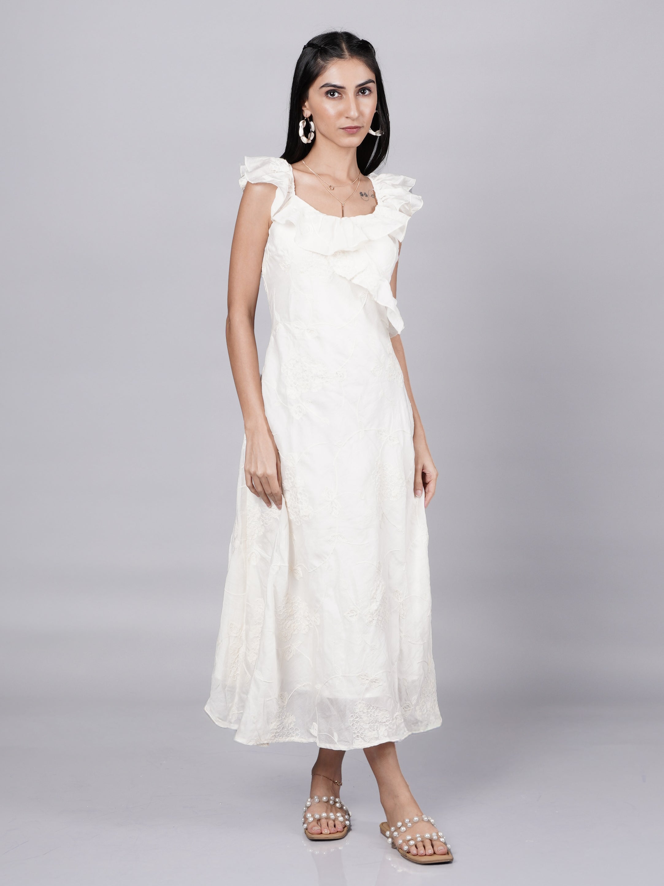 White Midi Dress with Ruffle Straps