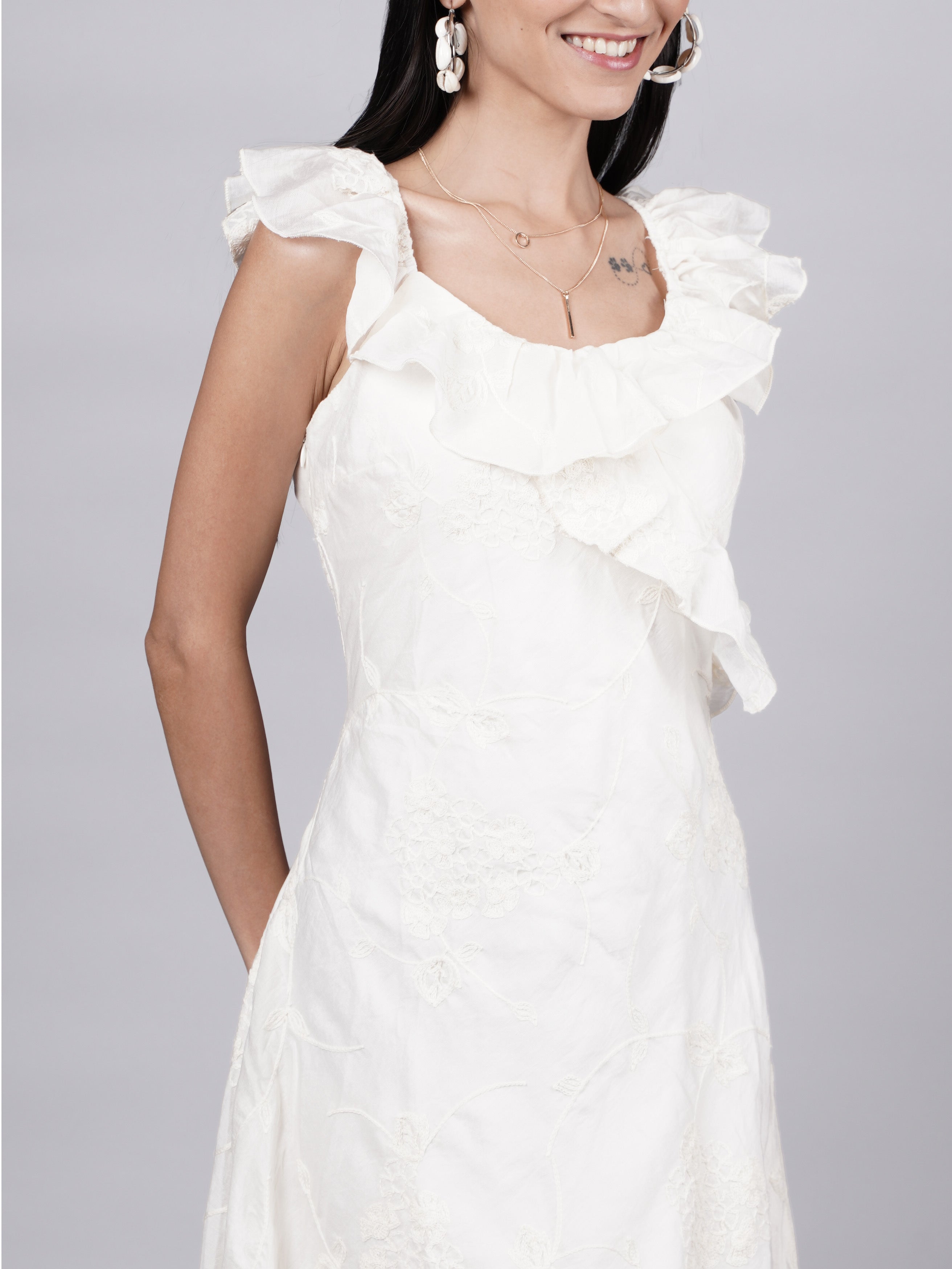 White Midi Dress with Ruffle Straps